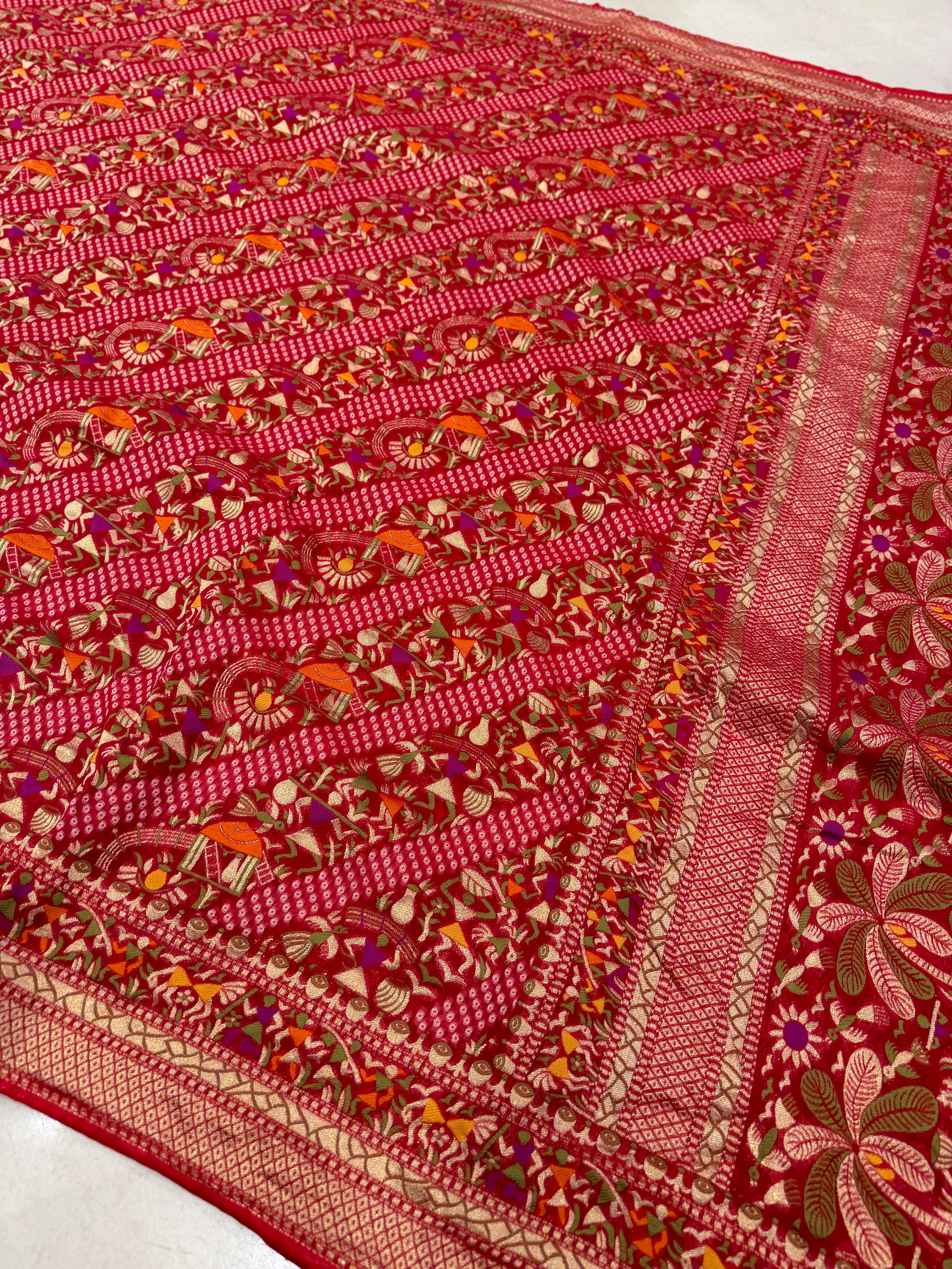Red Warli Style Woven Bandhej Georgette Saree