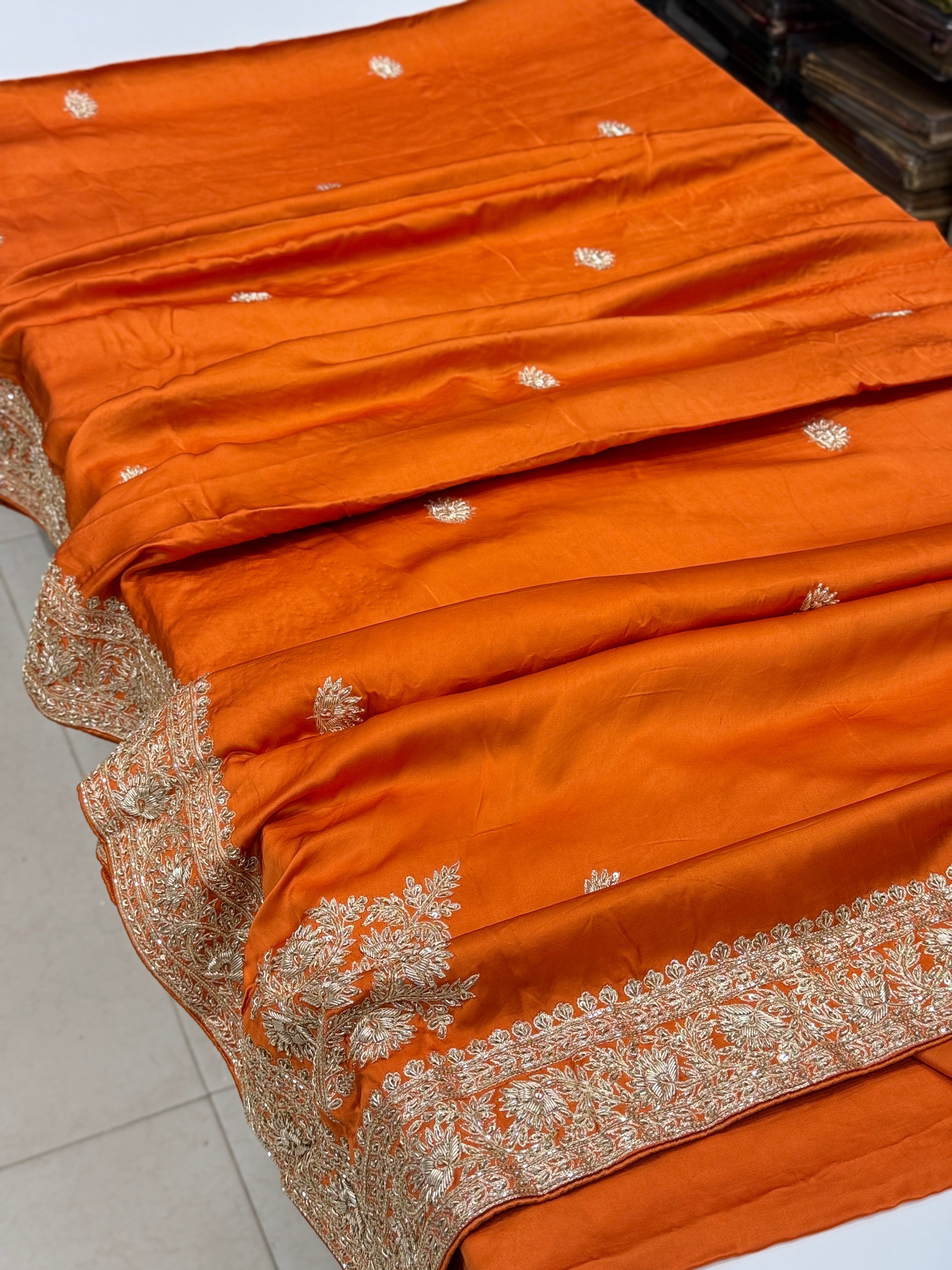 Rust Orange Buttis Pure Satin Hand Embroidery Zardosi Saree