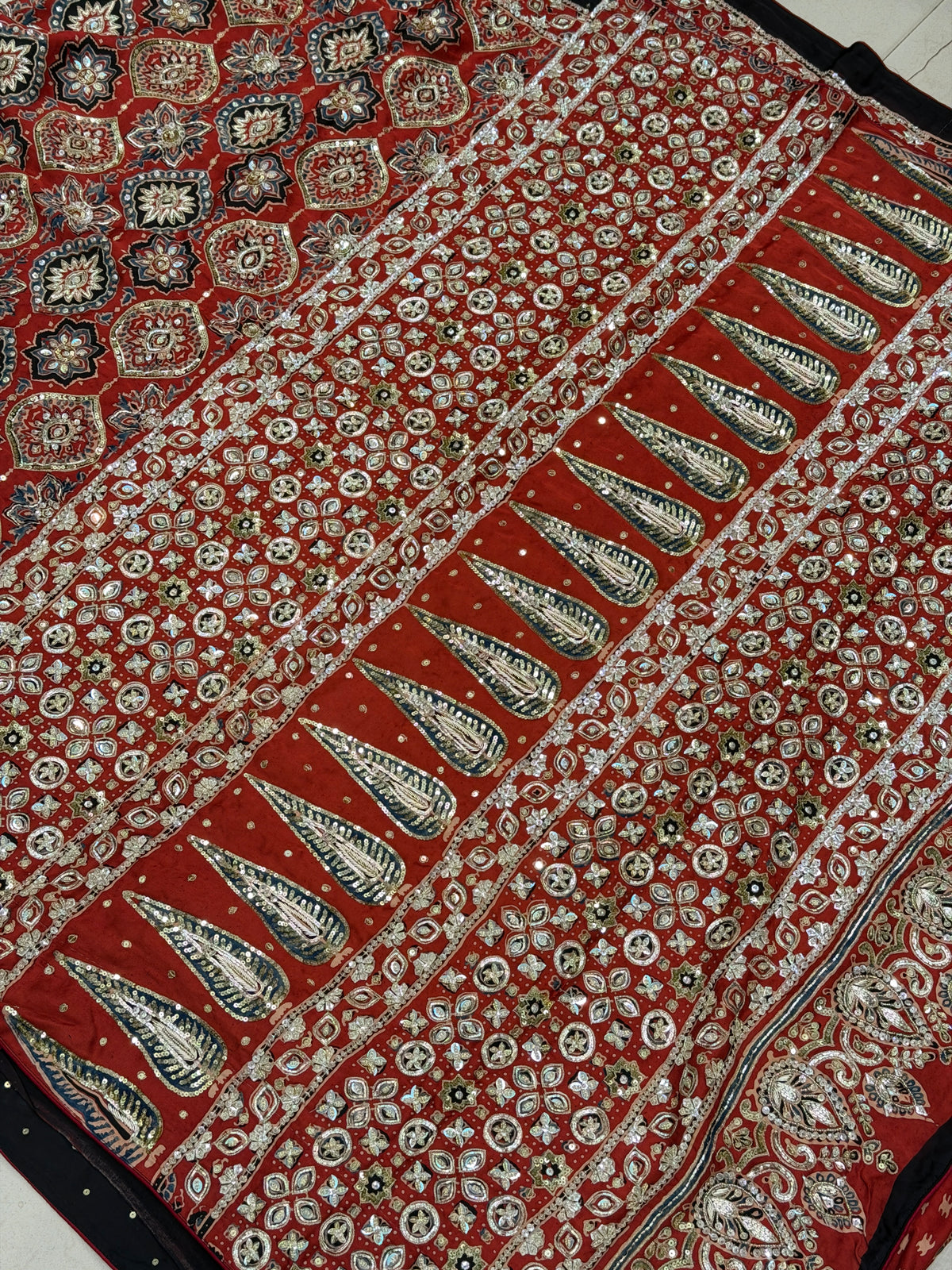 Red Badam Jaal Pita Zardosi Sequin Ajrakh Hand Embroidery Saree