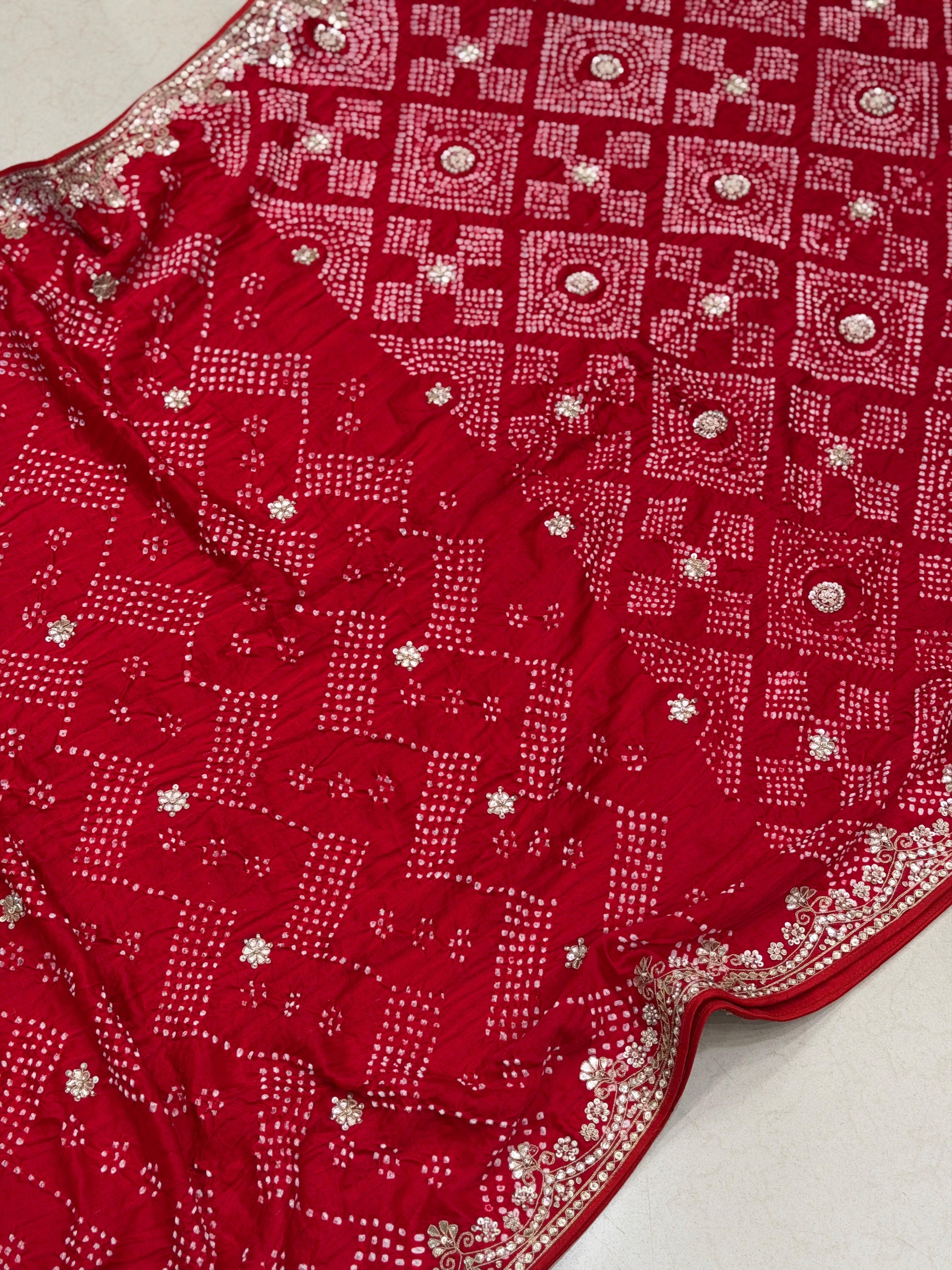 Red Gajji Silk Bandhej Hand Done Gotapatti Saree