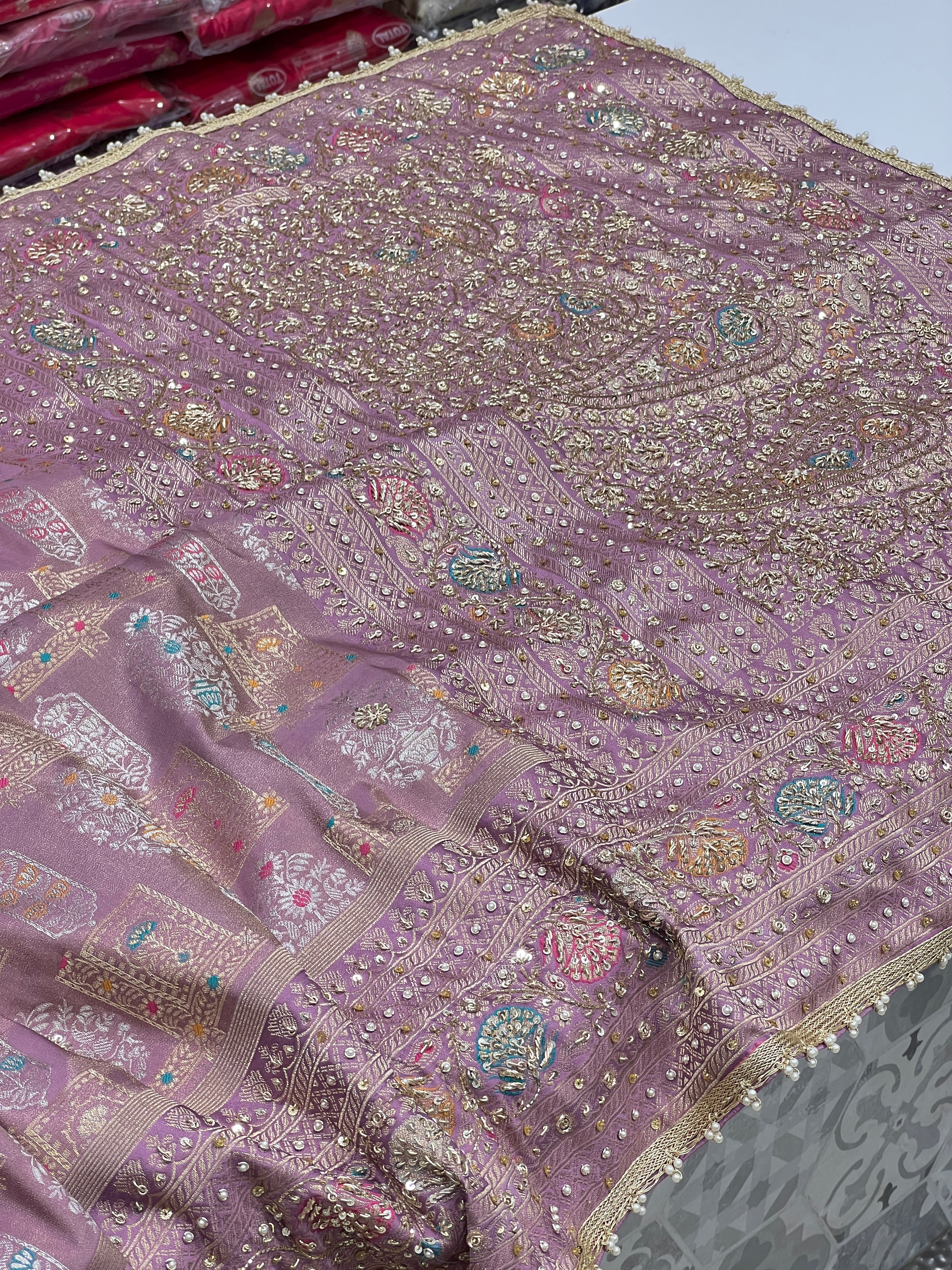 Lilac Tissue Banarasi Hand Embroidery Saree