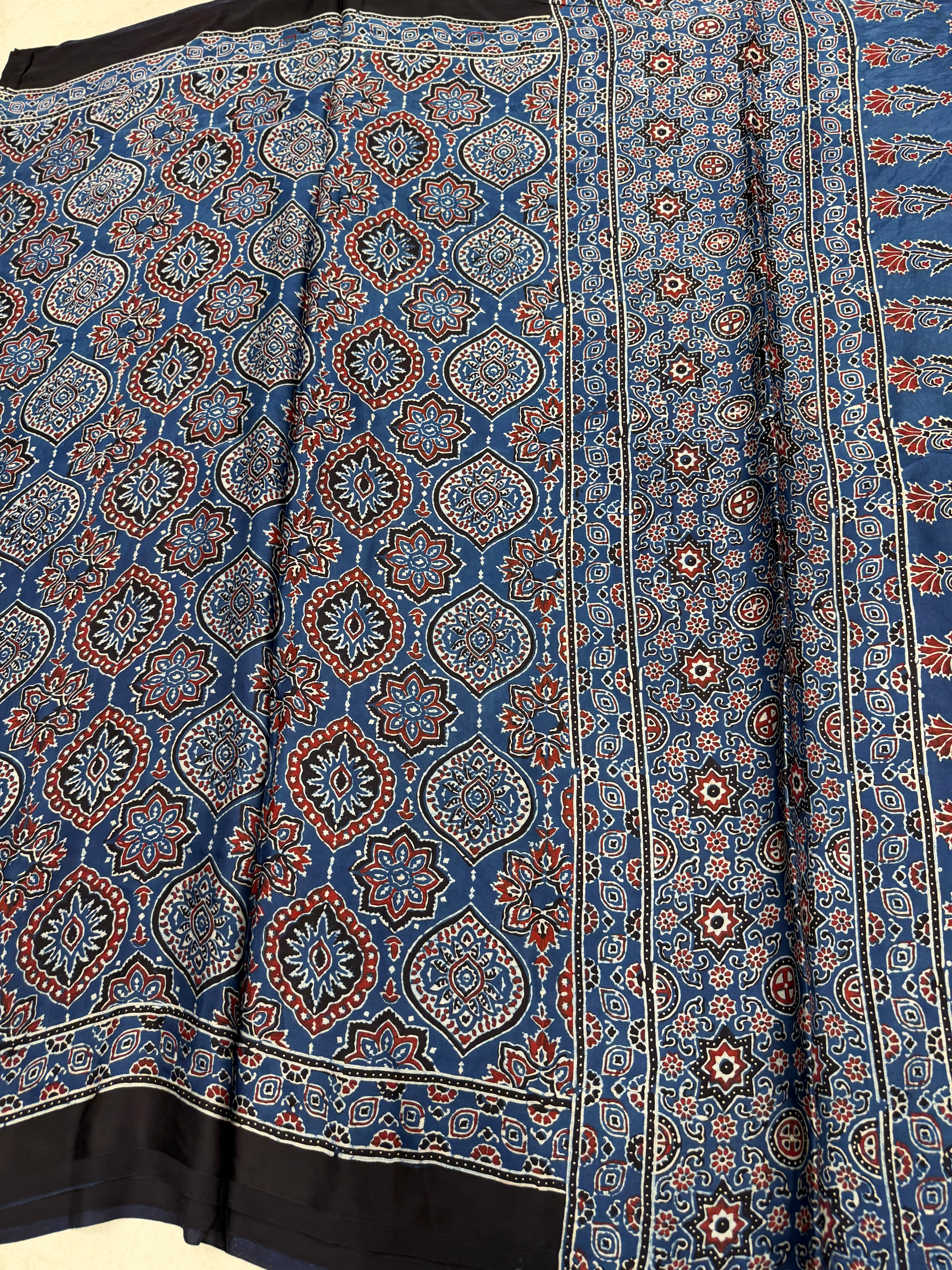 Blue Badam Jaal Ajrakh Hand Block Print Pure Gajji Silk Saree