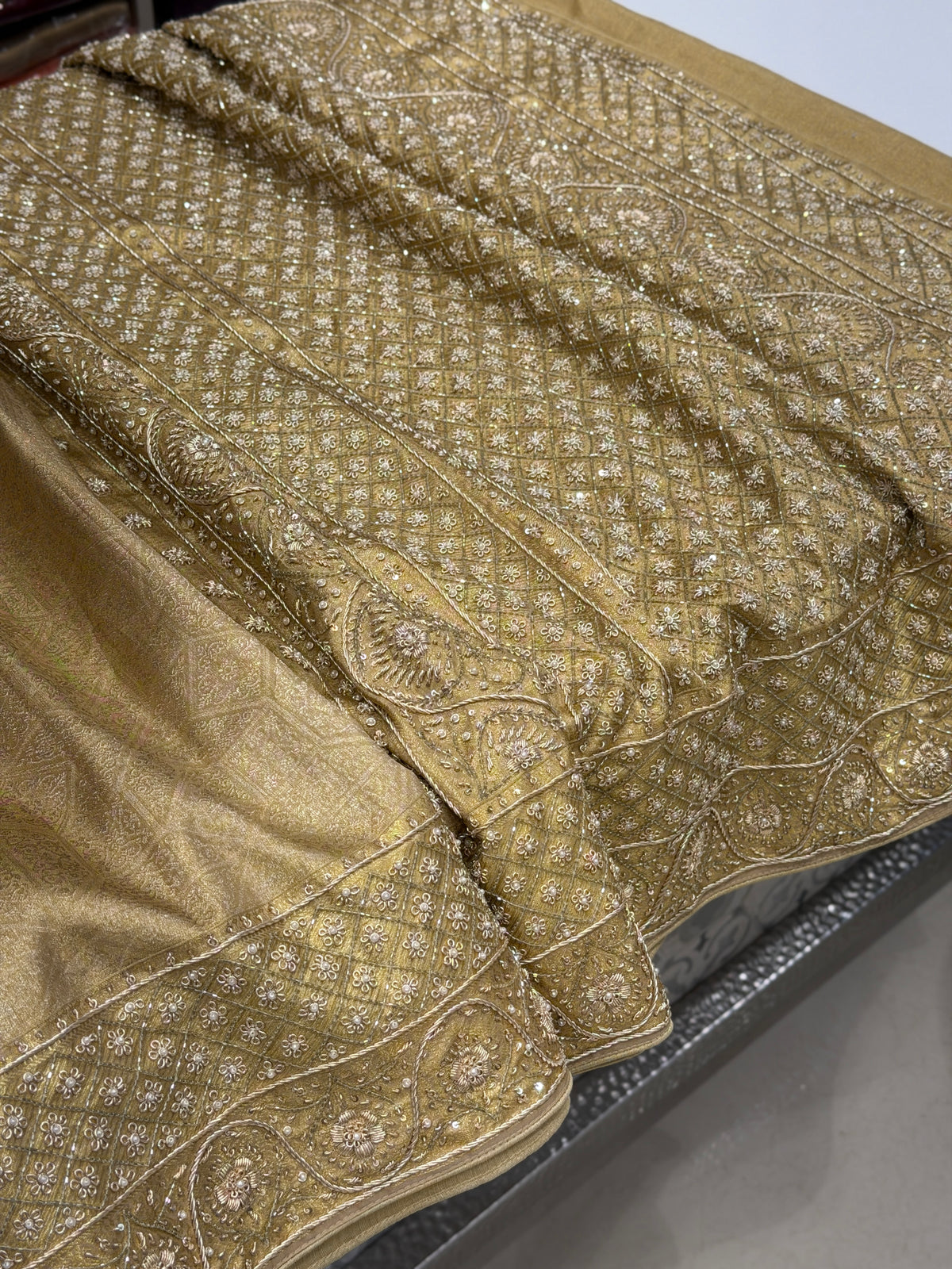 Light Golden Floral Kanjivaram Zardosi Hand Embroidery Saree