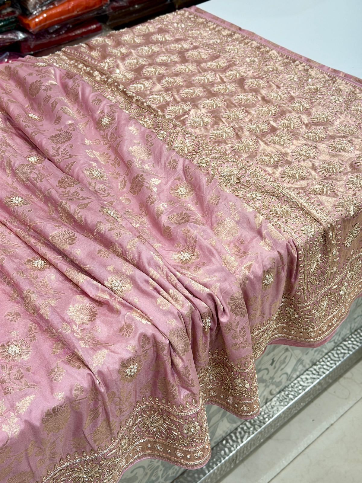 Lilac Pink Jaal Handloom Banarasi Katan Silk Zardosi Hand Embroidery Saree