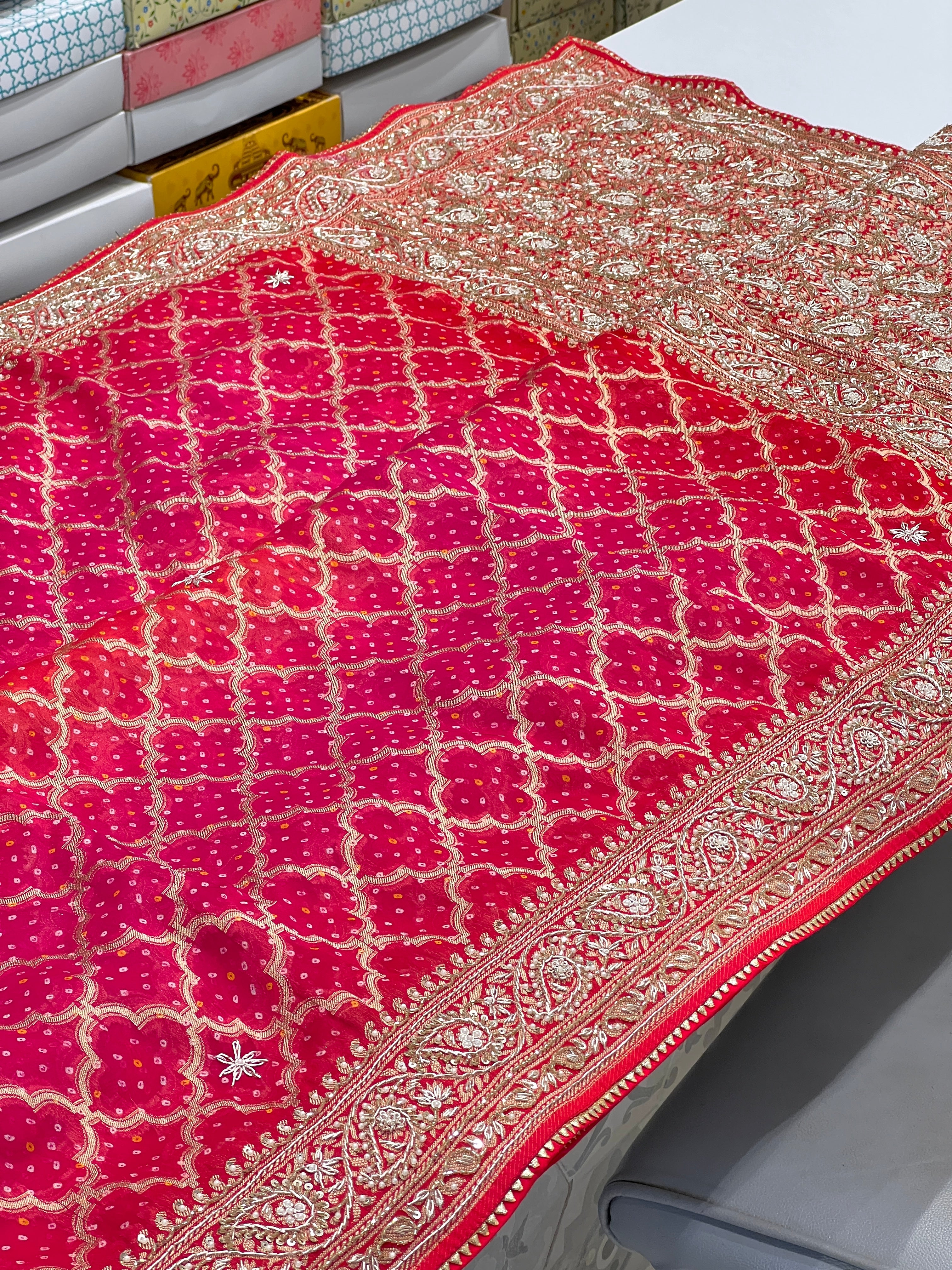 Shaded Pink Orange Bandhej Hand Embroidery Saree