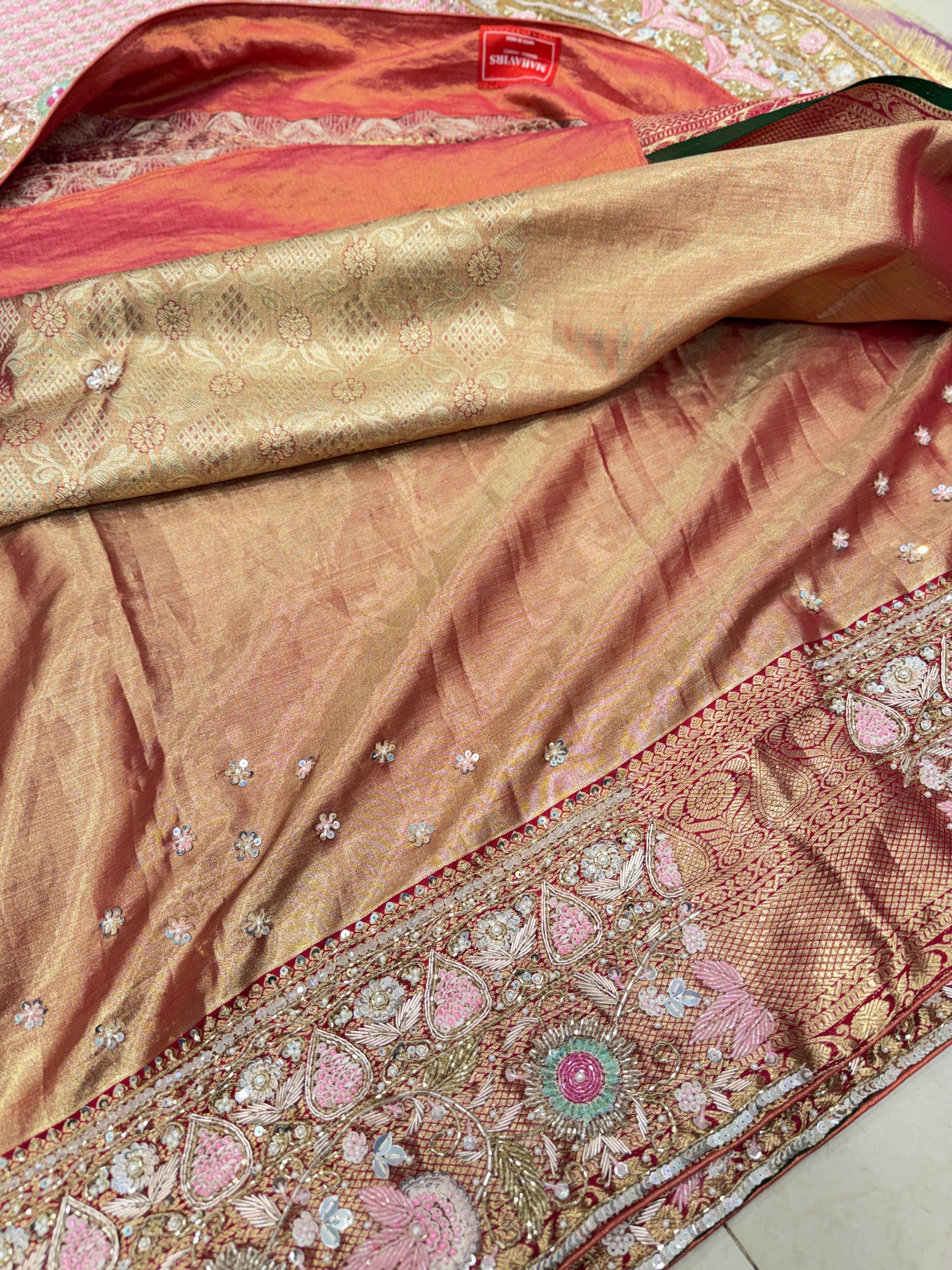 Red Tissue Kanjivaram Hand Embroidery Zardosi Moti Saree