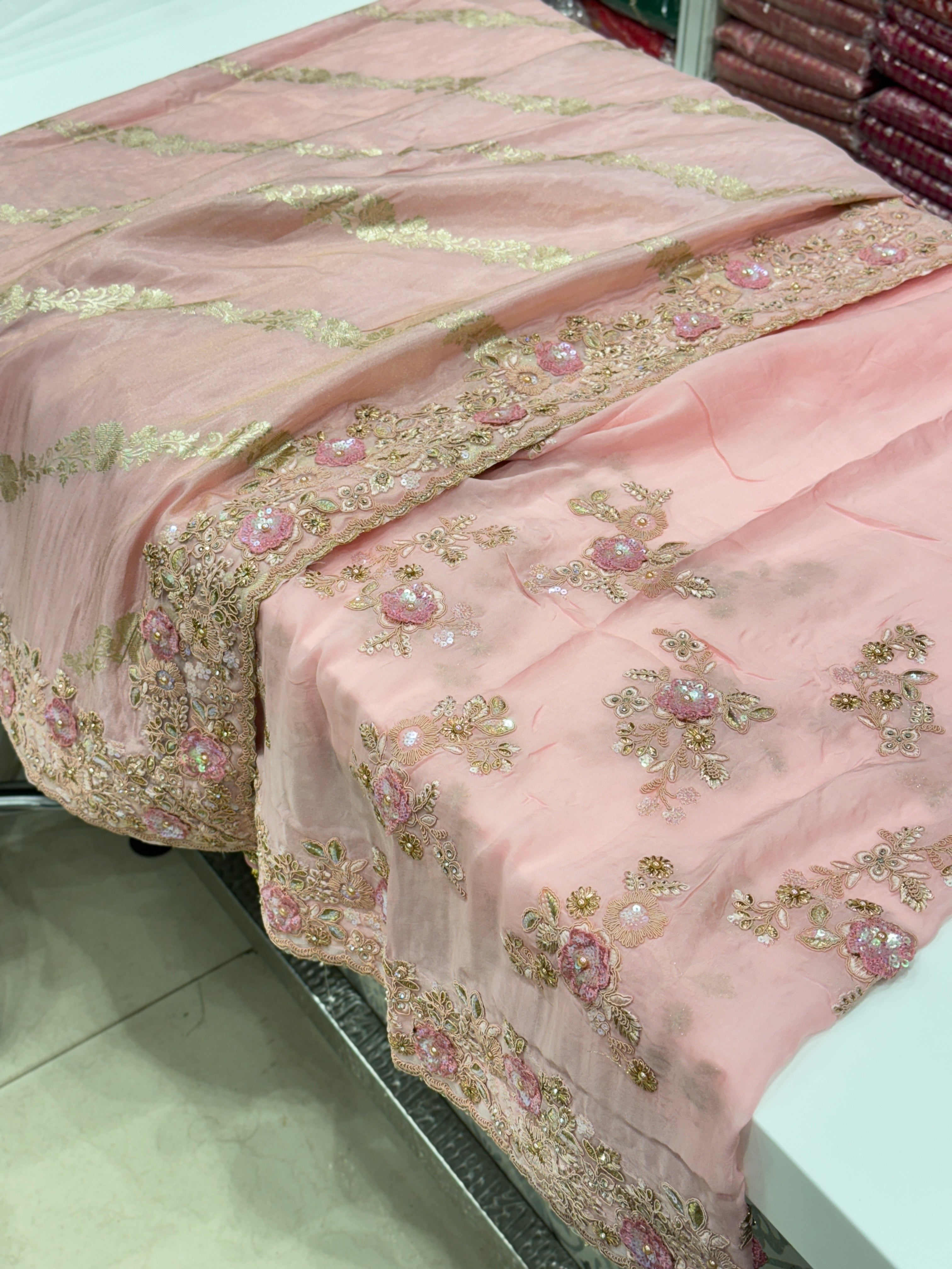 Pink Half n Half Crepe Tissue Embroidery Saree