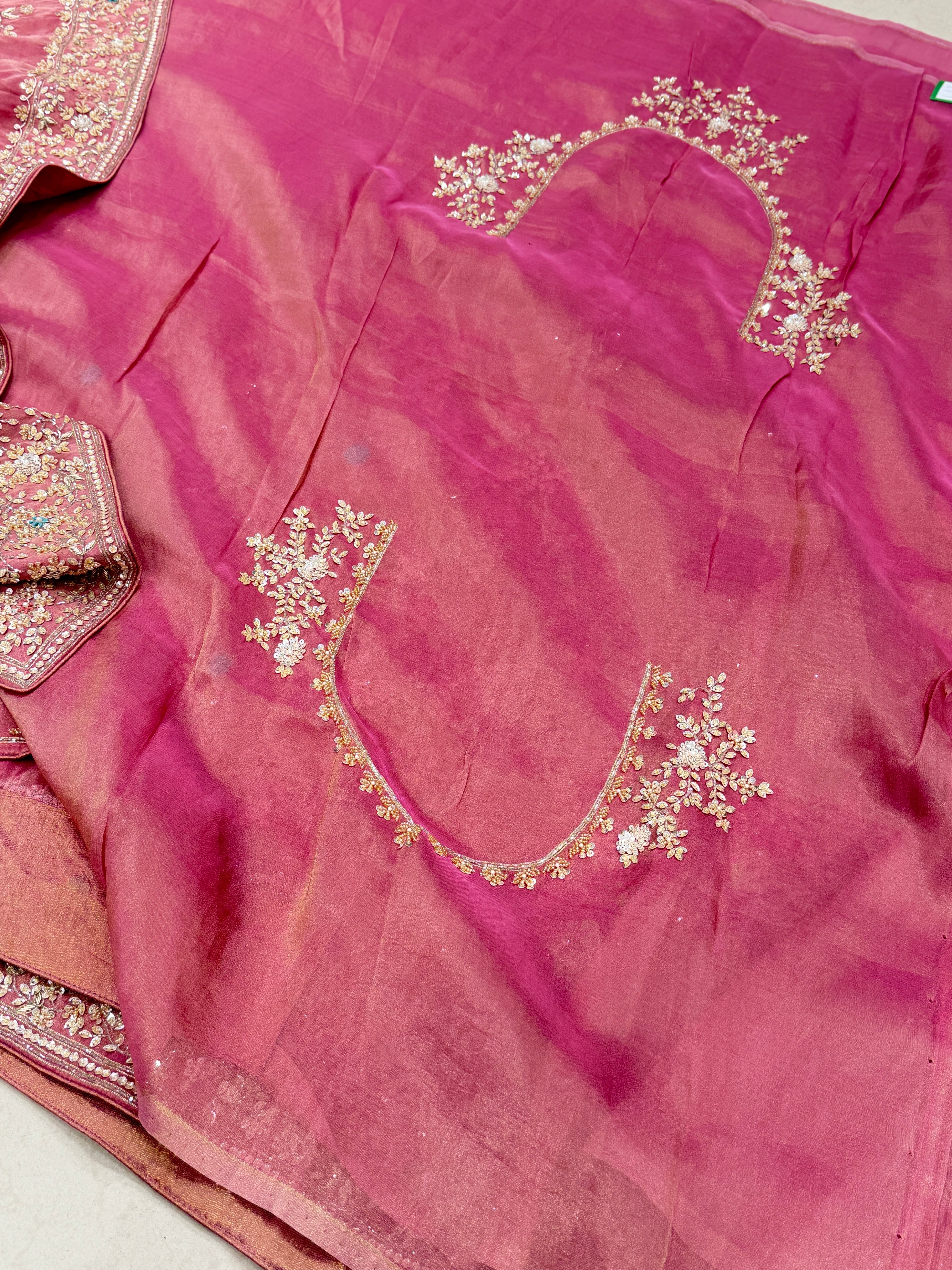 Pink Tissue Silk Moti Sequin Zardosi Hand Embroidery Jaal Saree