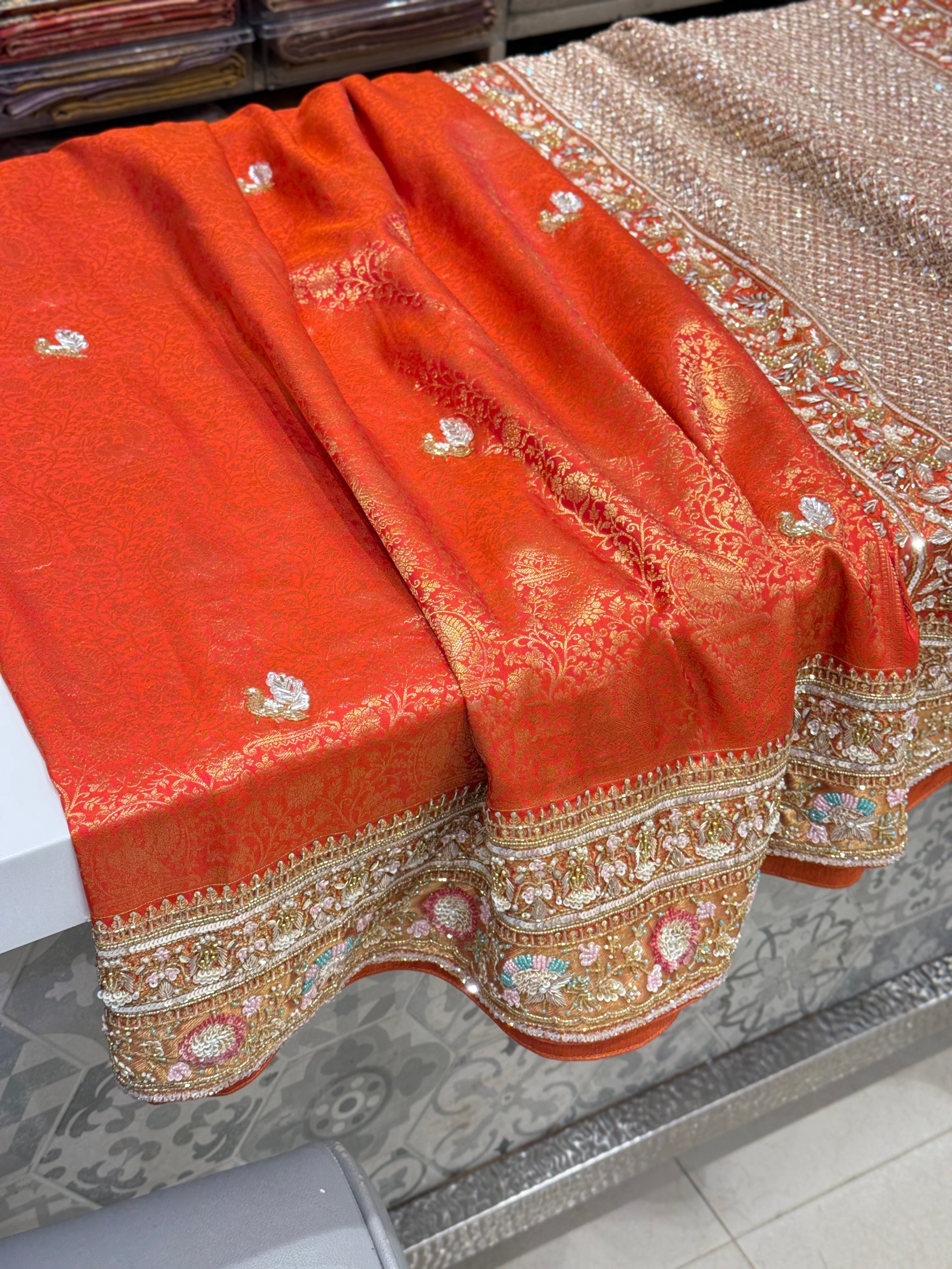 Rust Orange Kanjivaram Hand Embroidery Saree