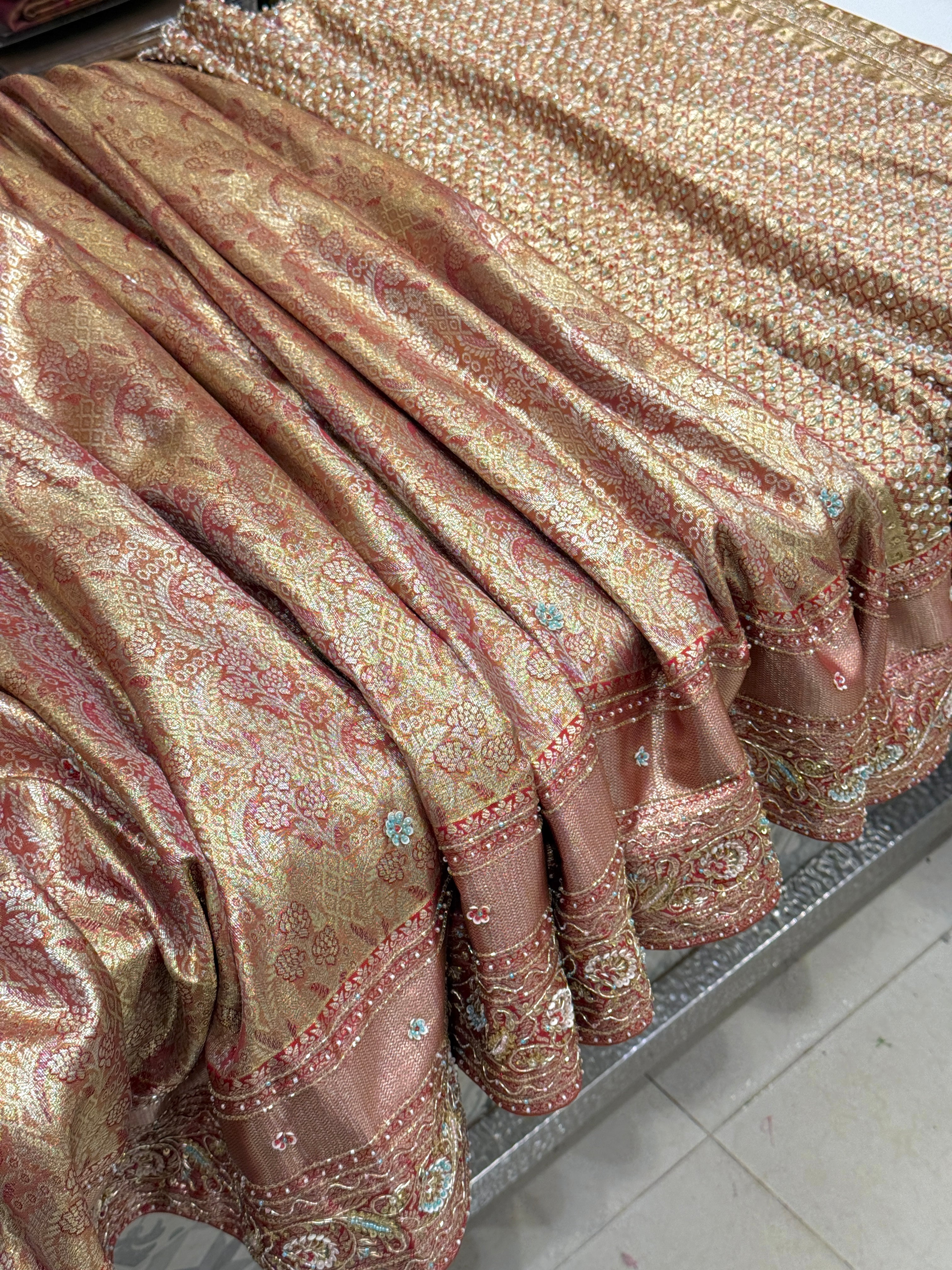 Golden Red Tissue Kanjivaram Hand Embroidery Saree