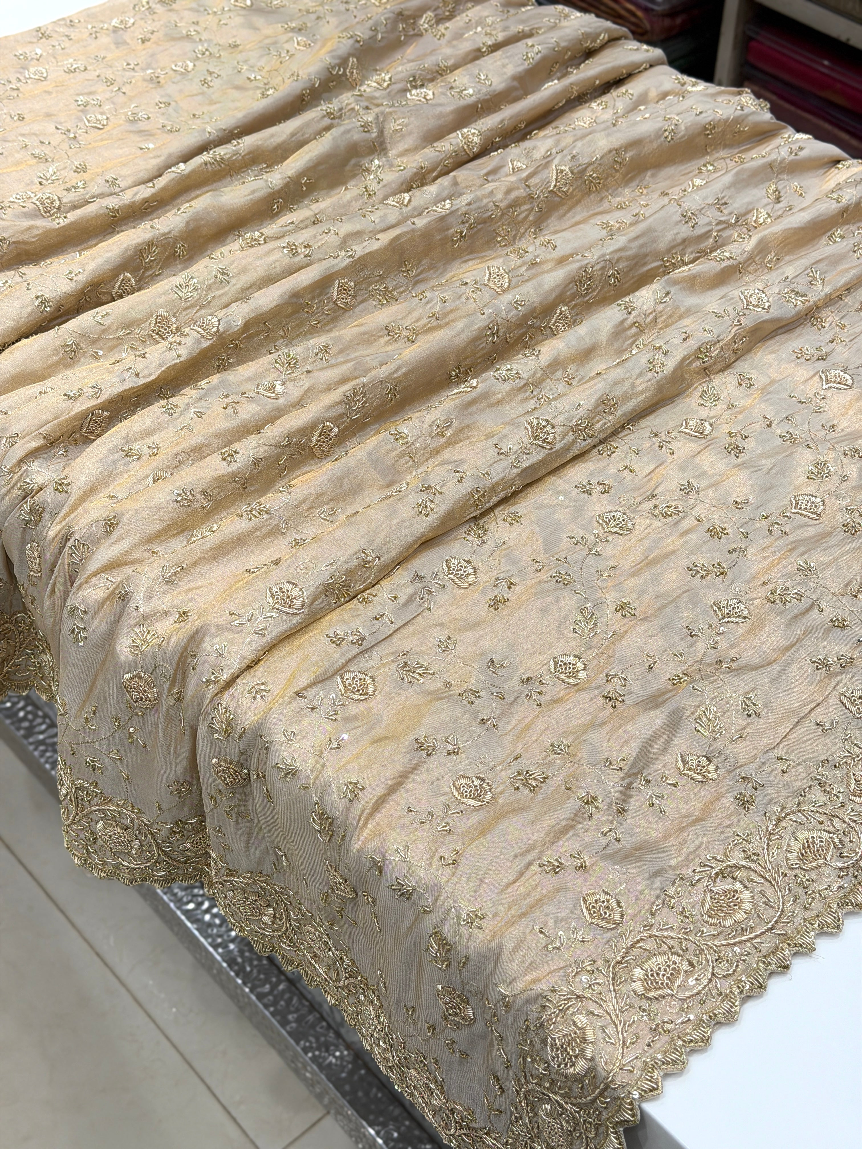 Ivory Tissue Zardosi Floral Jaal Hand Embroidery Saree