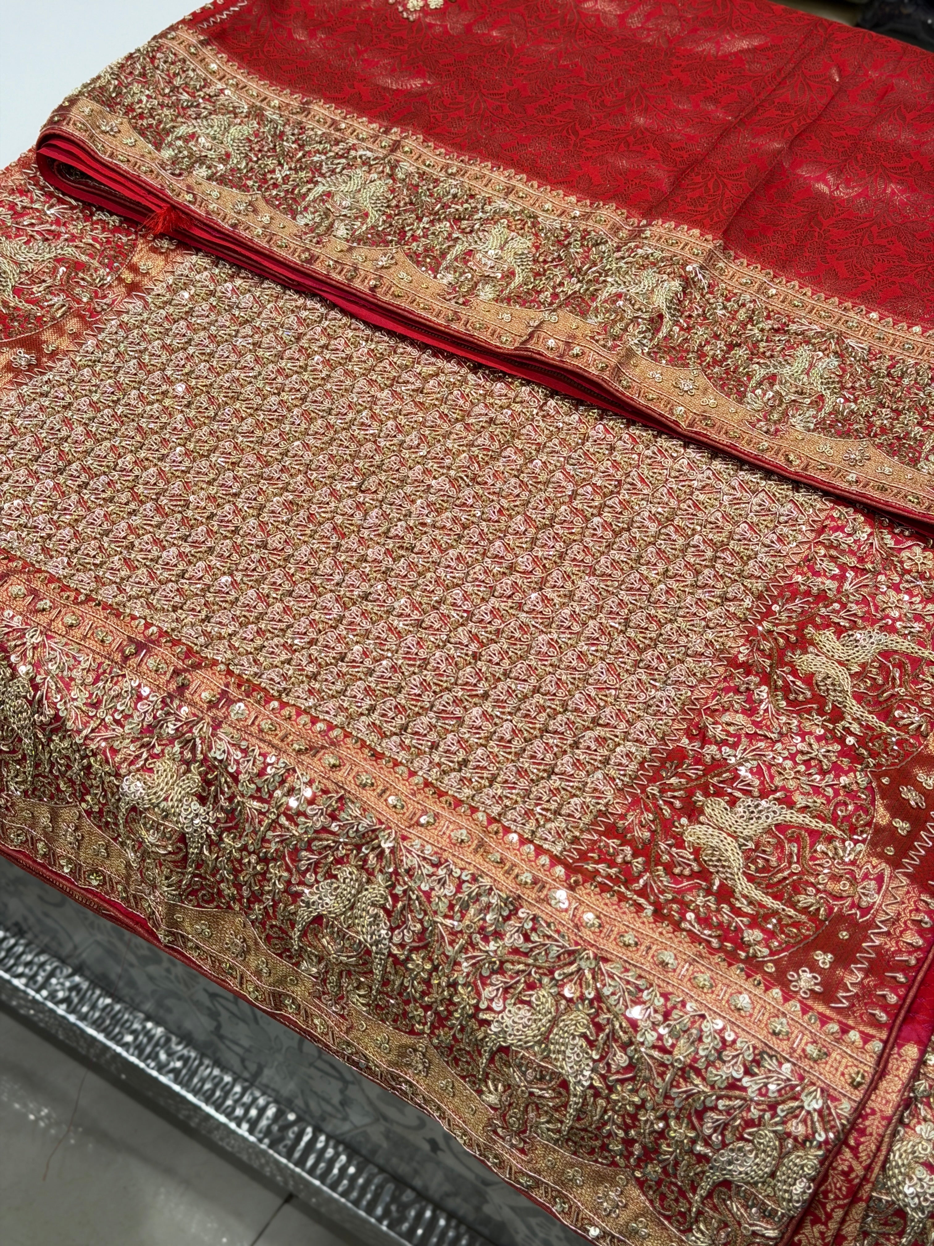Crimson Kanjivaram Peacock Motifs Zardosi Hand Embroidery Jaal Saree