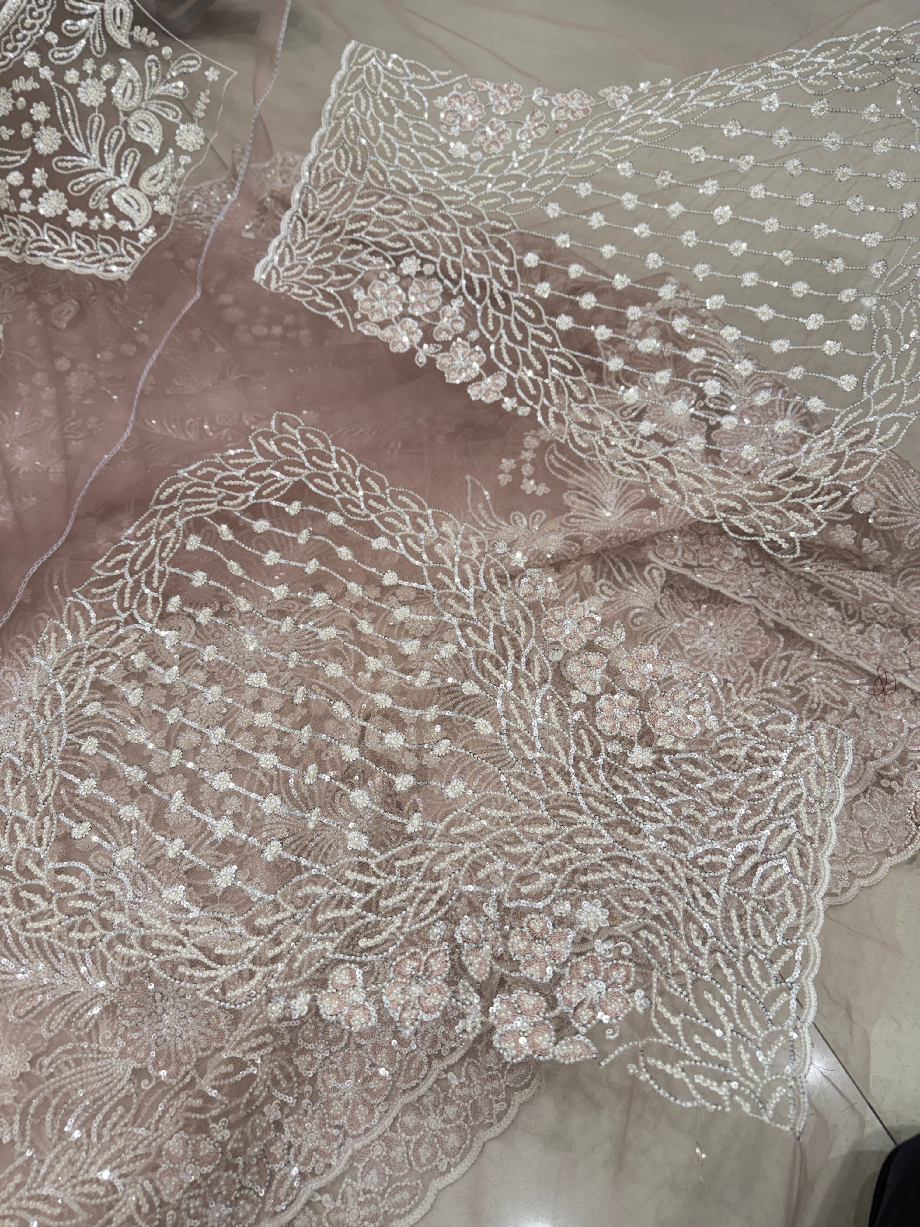 Nude Pink Floral Jaal Net Resham Moti Embroidery Soft Saree
