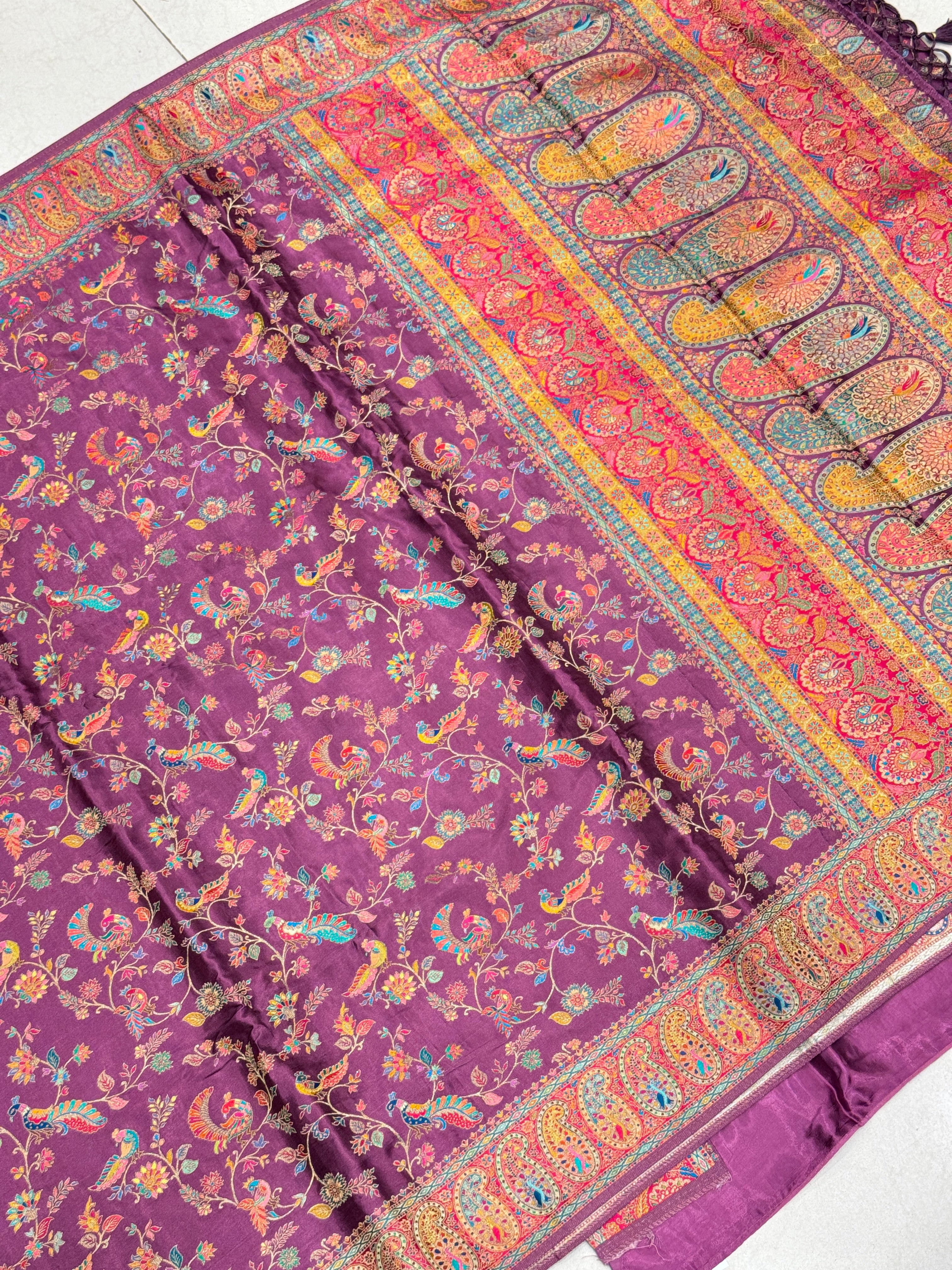Wine Banarasi Modal Satin Pashmina Style Jaal Saree