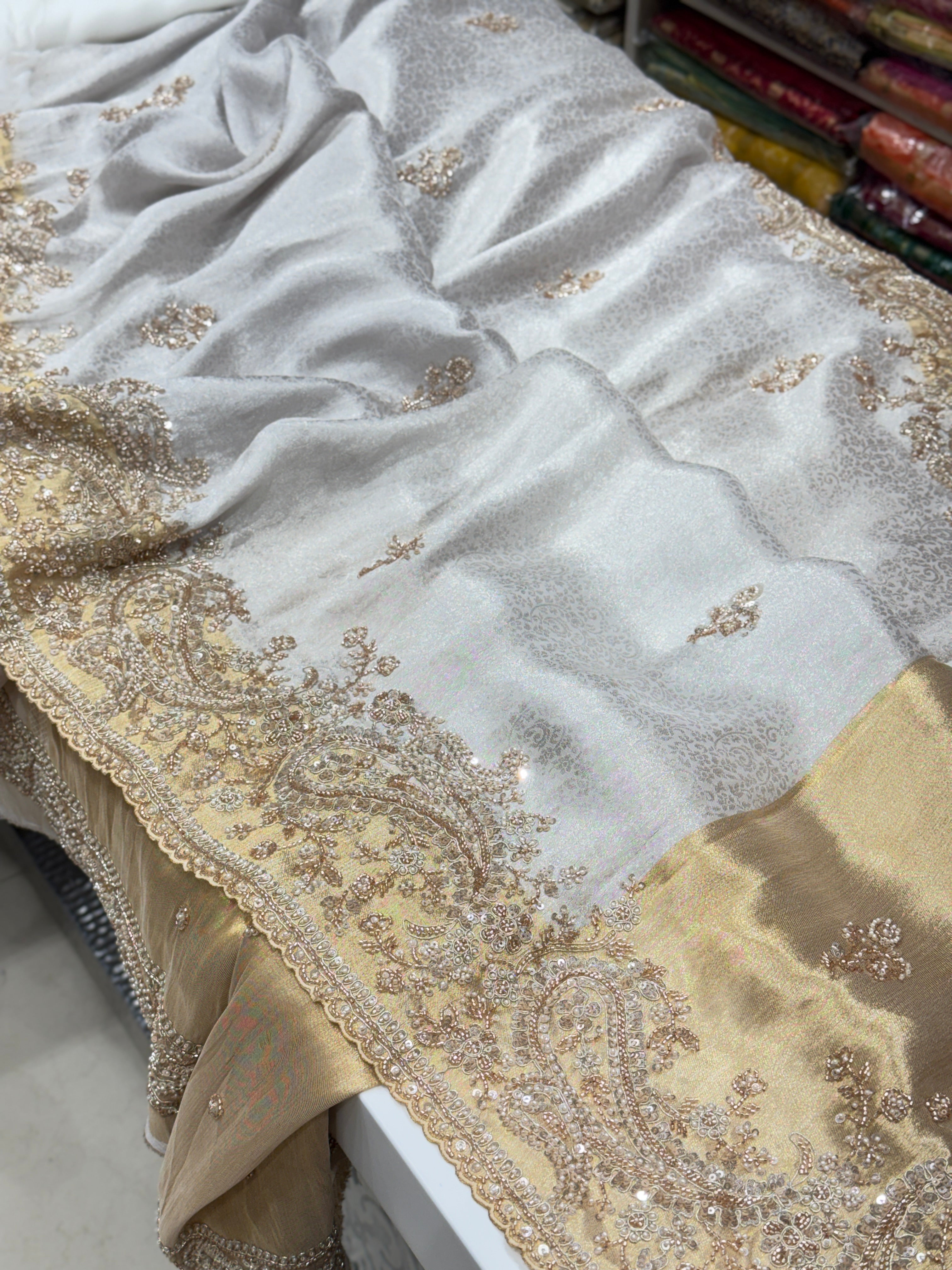 Silver Gold Floral Weave Soft Silk Moti Crystal Embroidery Saree