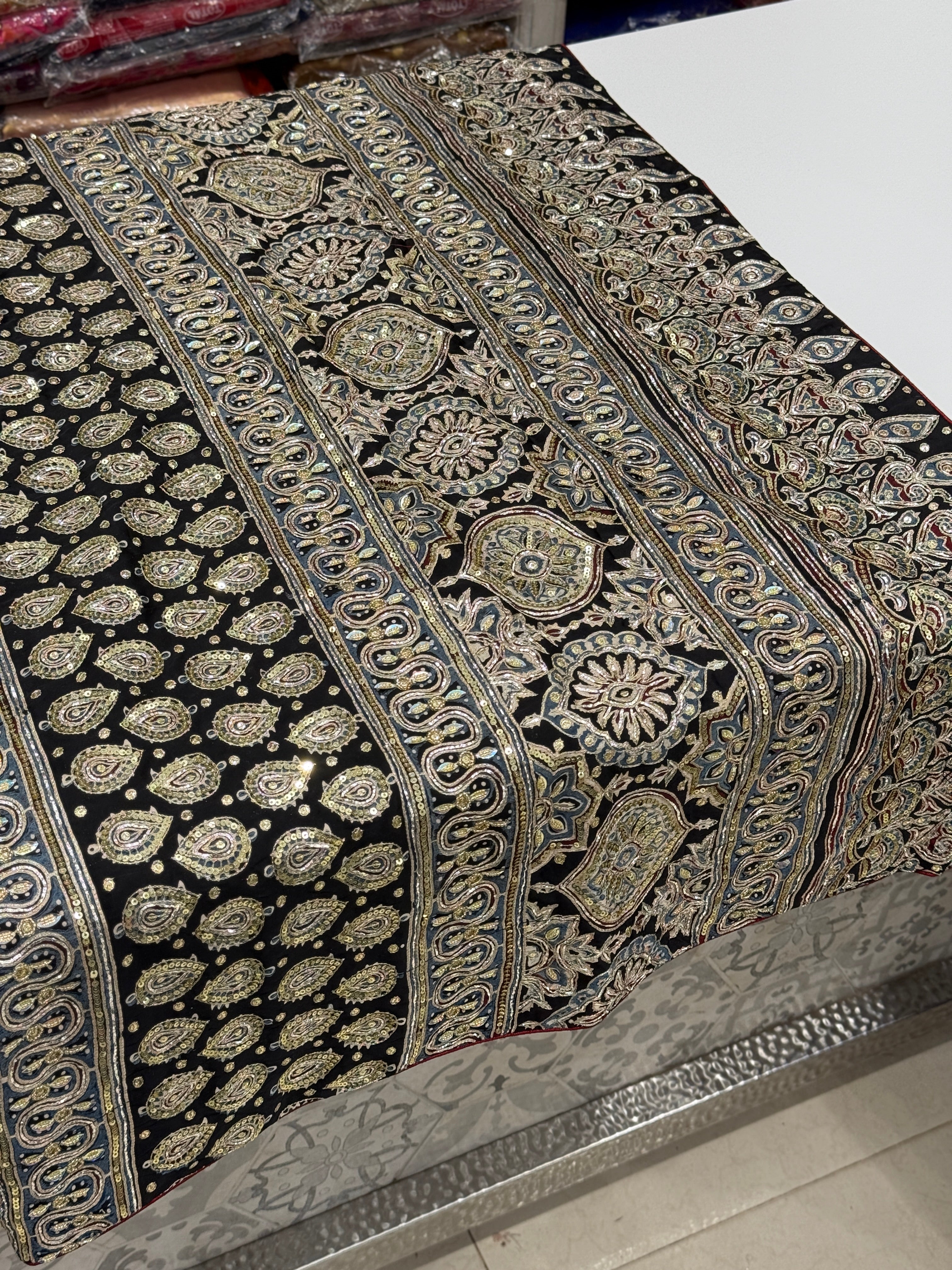 Red Contemporary Pita Zardosi Sequin Ajrakh Hand Embroidery Saree