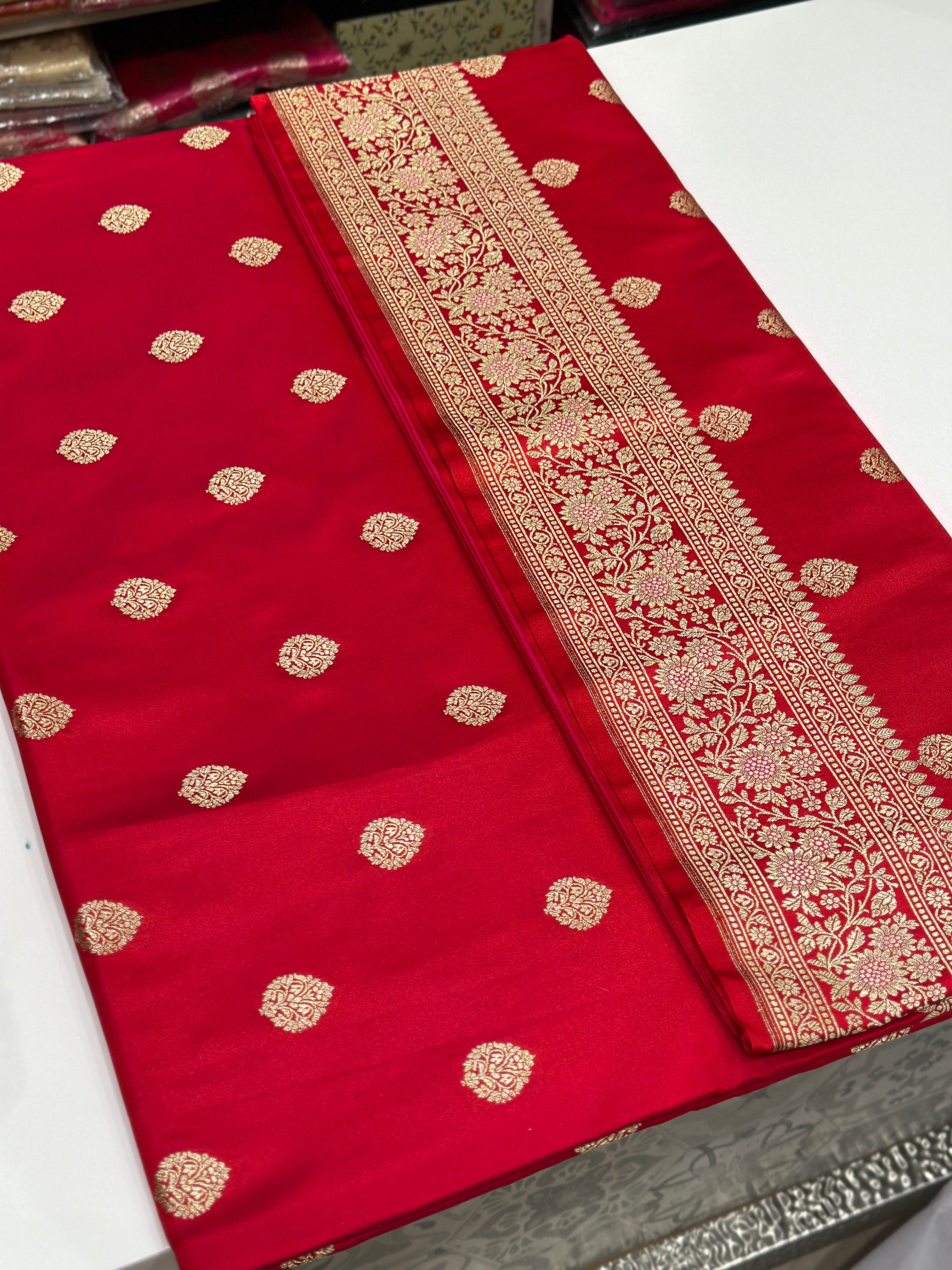 Red Banarasi Meenakari Mushru Silk Saree