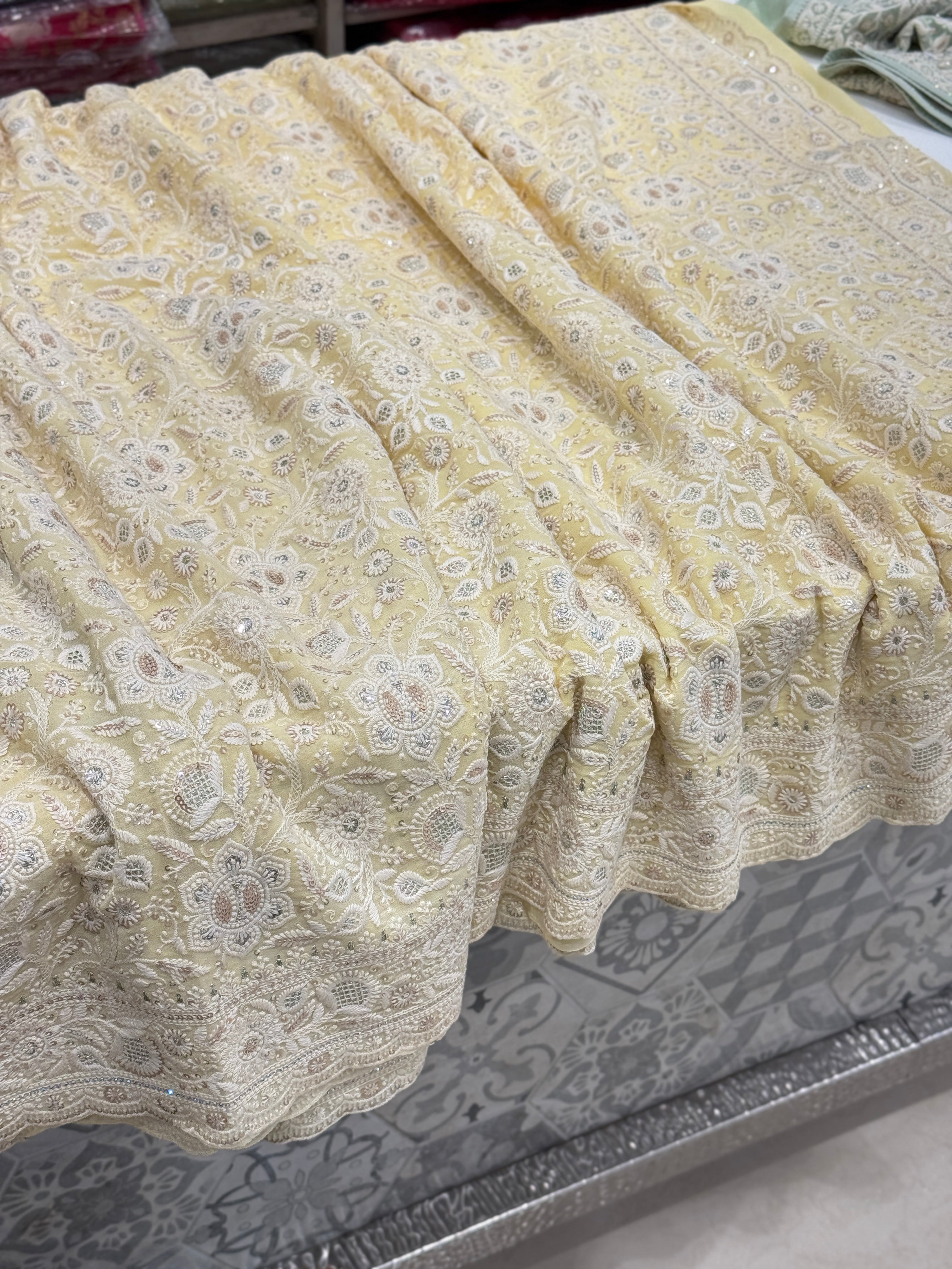 Yellow Chikankari Small Scallop Design Saree