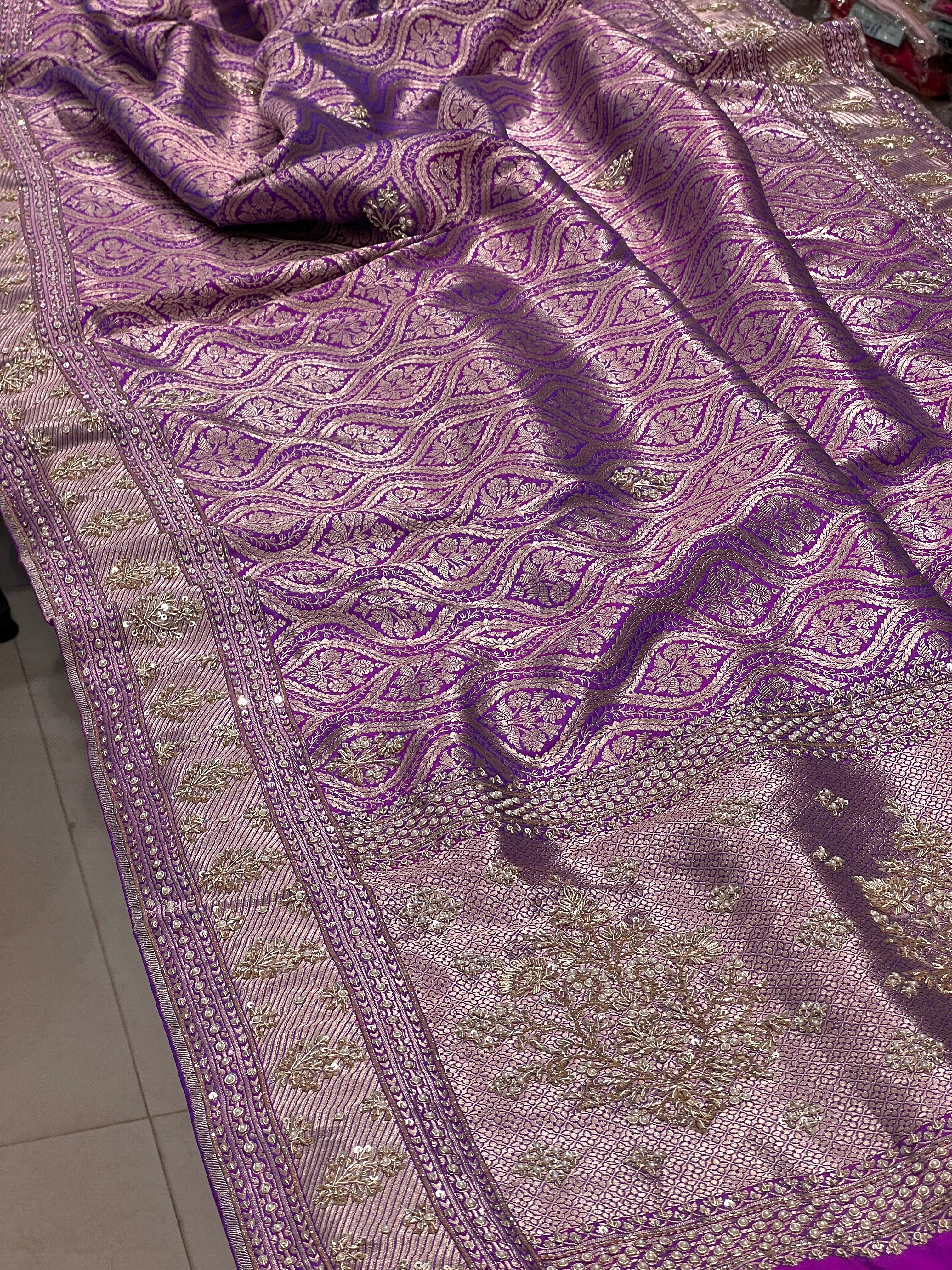 Purple Katan Silk Hand Embroidery Saree