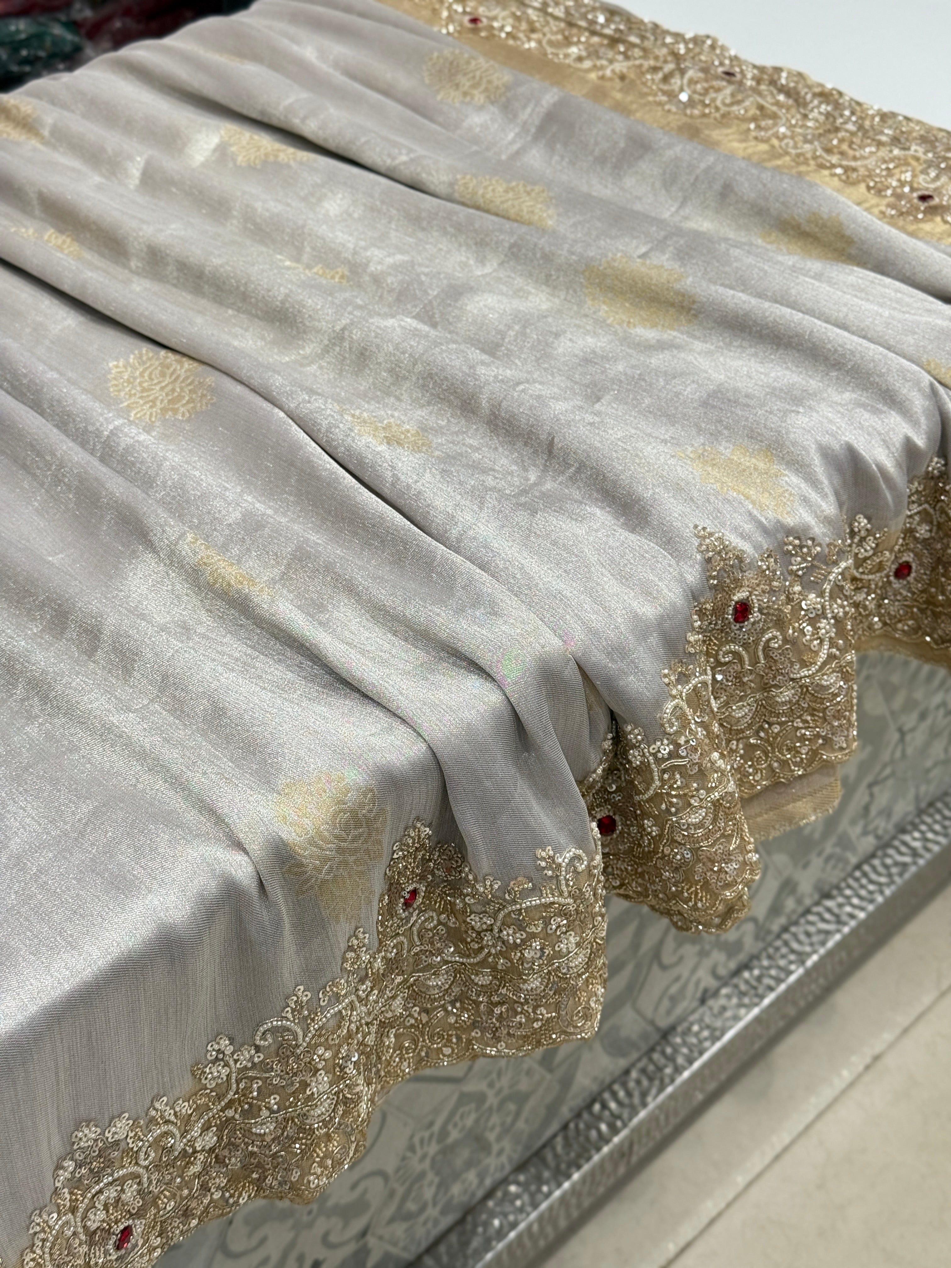 Silver Golden Tissue Moti Cutdana Embroidery Saree