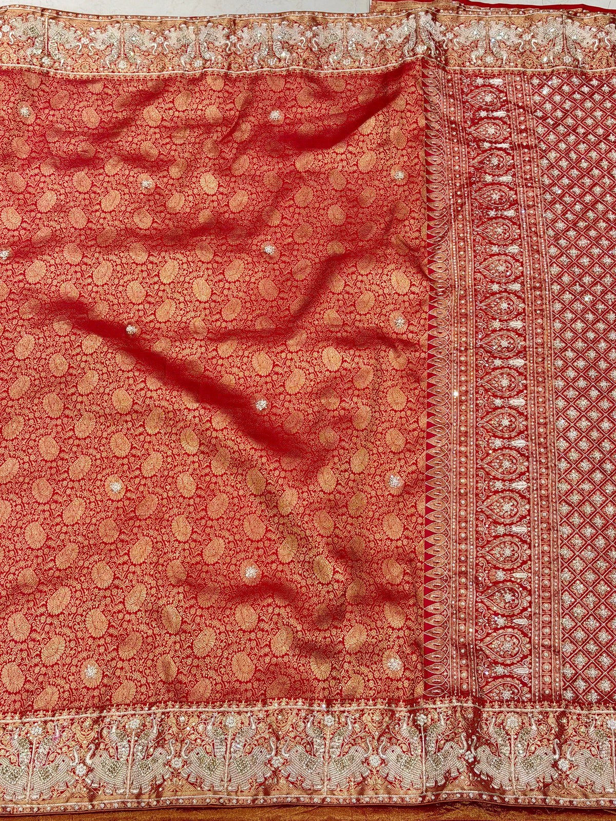 Red Kanjivaram Elephant Motifs Zardosi Hand Embroidery Saree