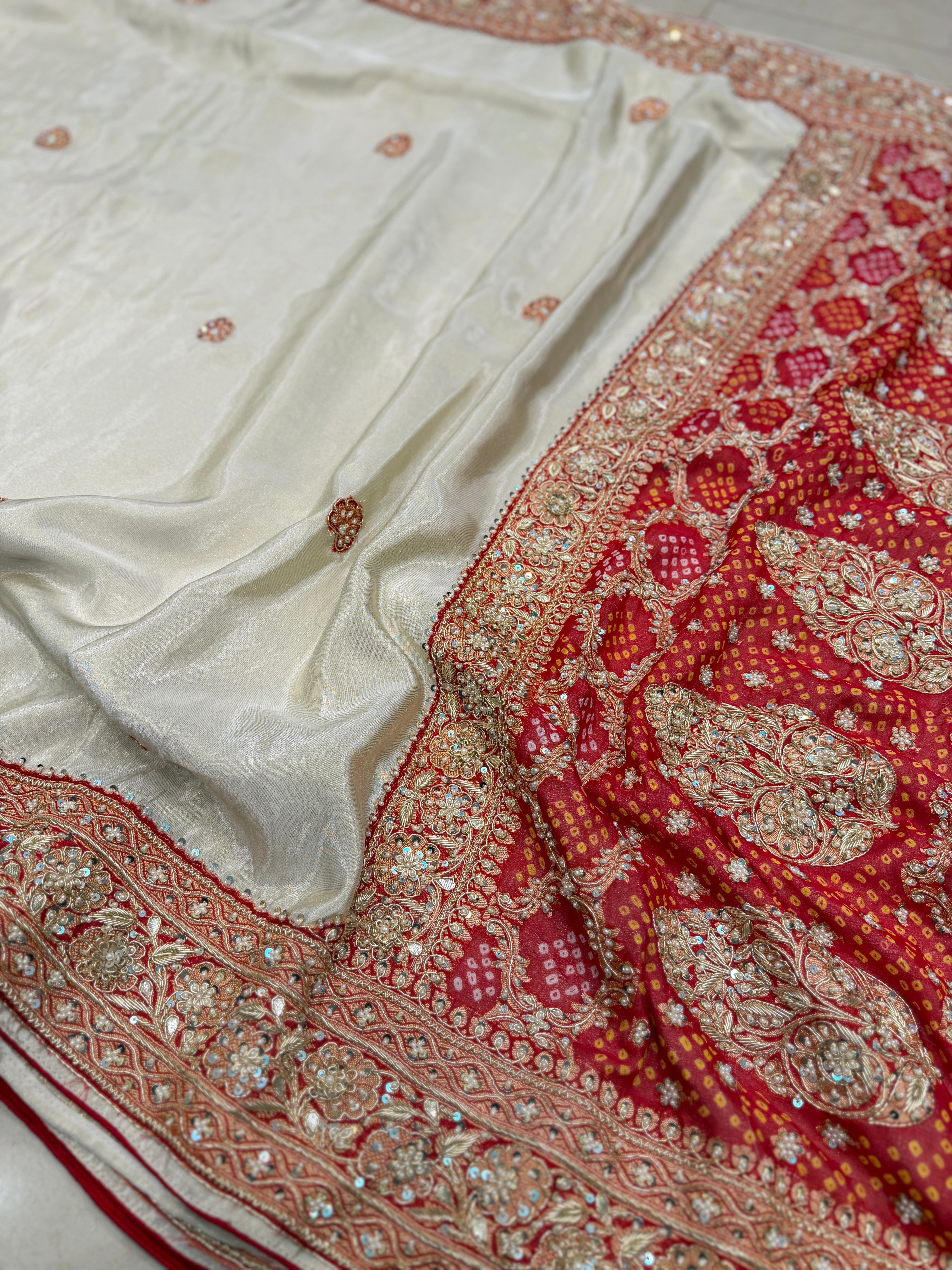 Ivory Banarasi Crepe Tissue Bandhej Patch Zardosi Hand Embroidery Saree