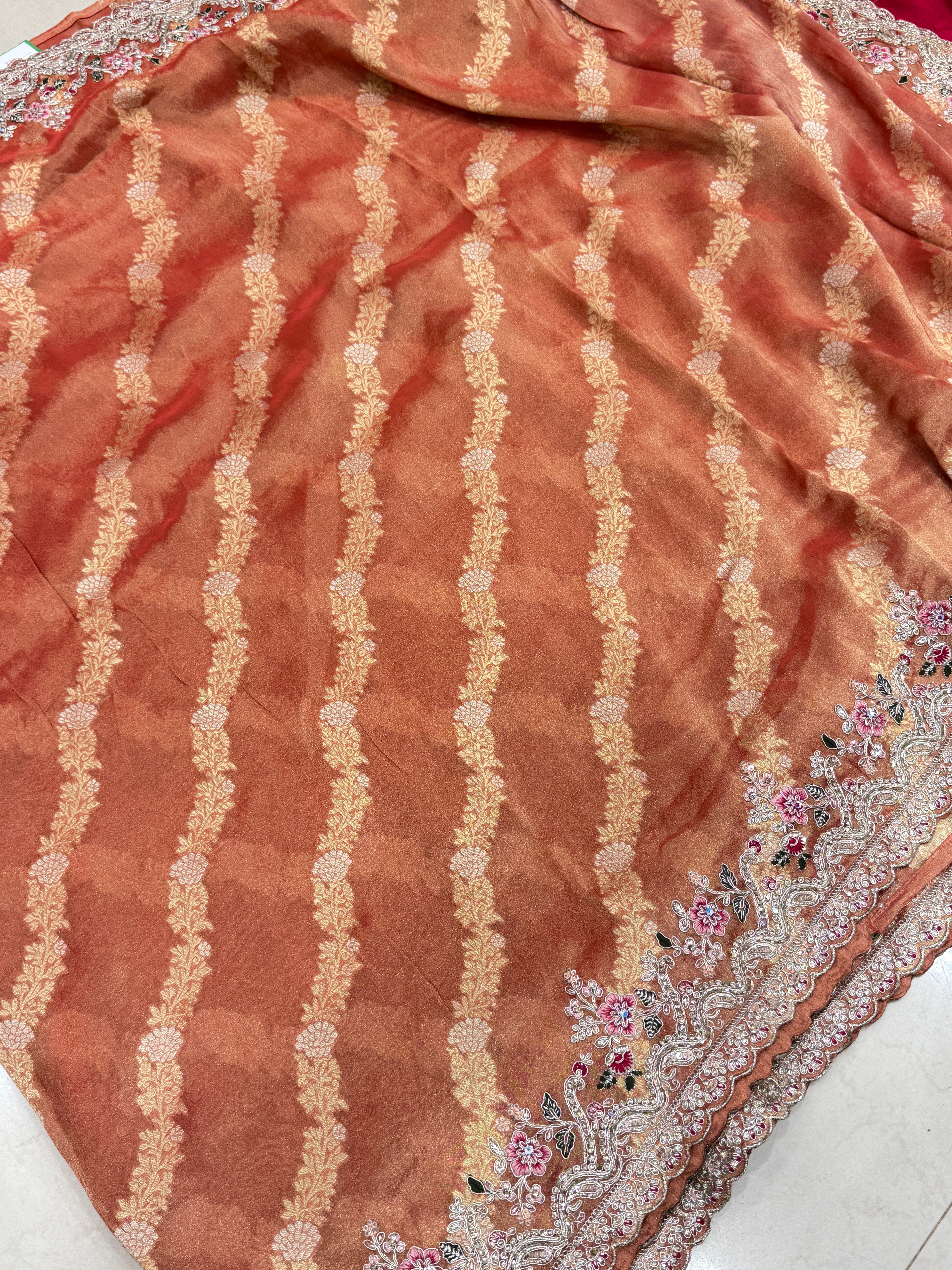 Rust Tissue Weaved Resham Zari Embroidery Saree