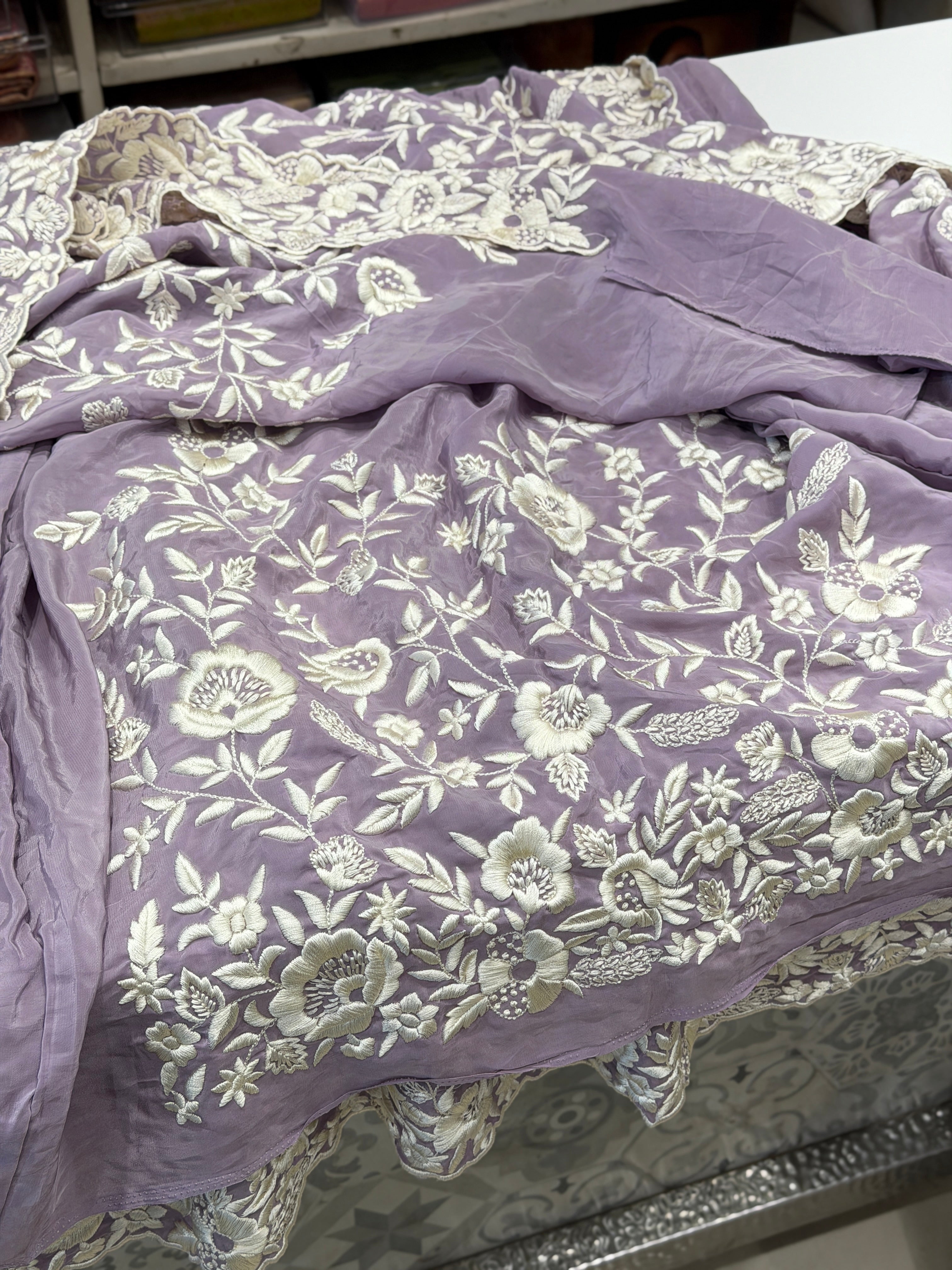 Lilac Crepe Floral Jaal Flamingo Resham Embroidery Saree