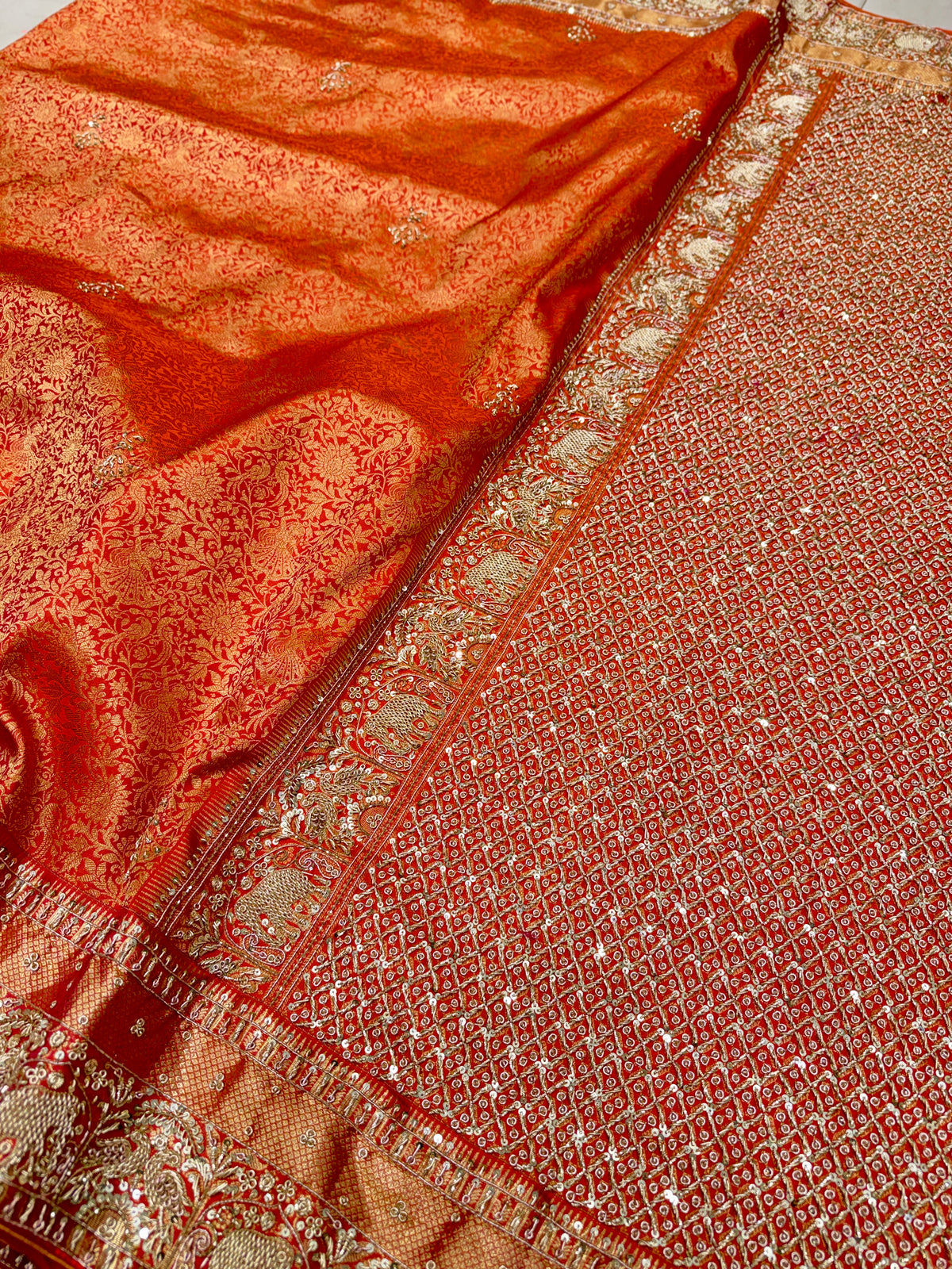 Rust Orange Kanjivaram Elephant Motifs Zardosi Hand Embroidery Saree