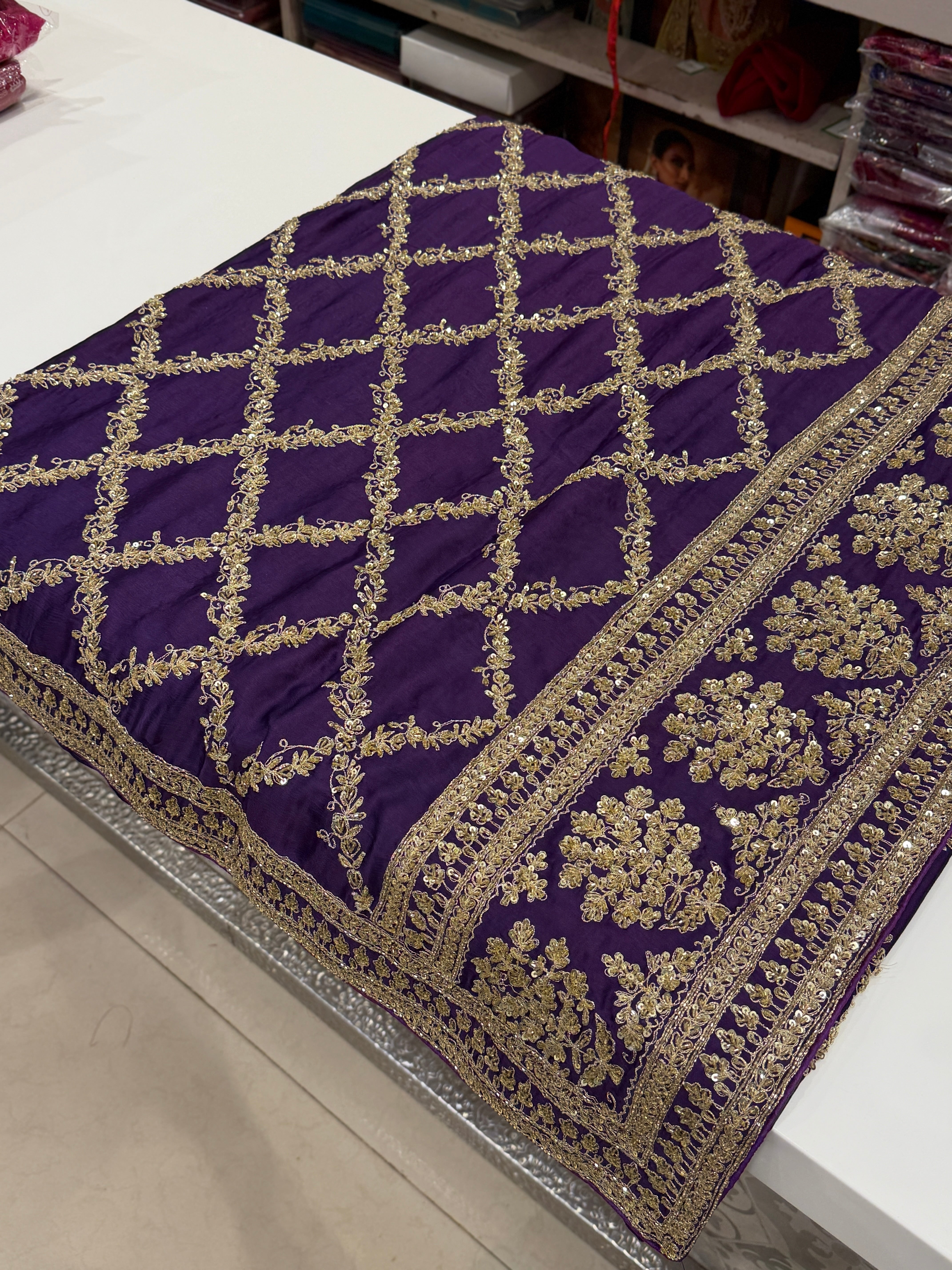 Violet Crepe Satin Sabyasachi Inspired Zardosi Jaal Embroidery Saree
