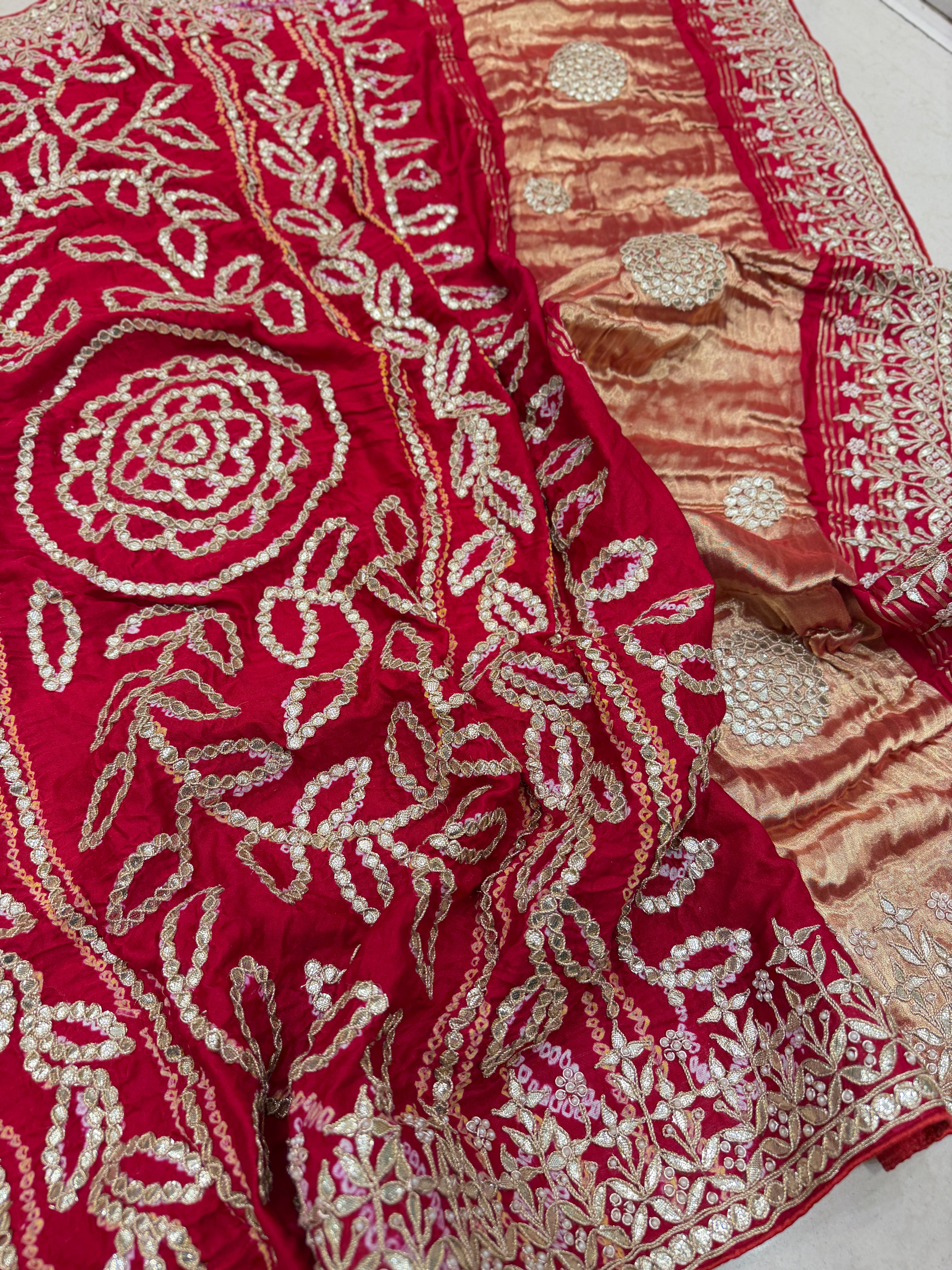 Red Gajji Silk Bandhej Hand Embroidery Gotapatti Marodi Saree