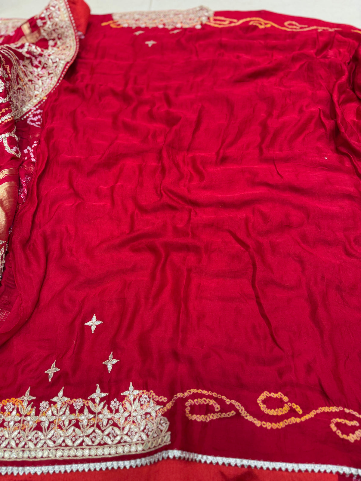 Red Gajji Silk Gharchola Rai Bandhej Gotapatti Marodi Hand Embroidery Saree