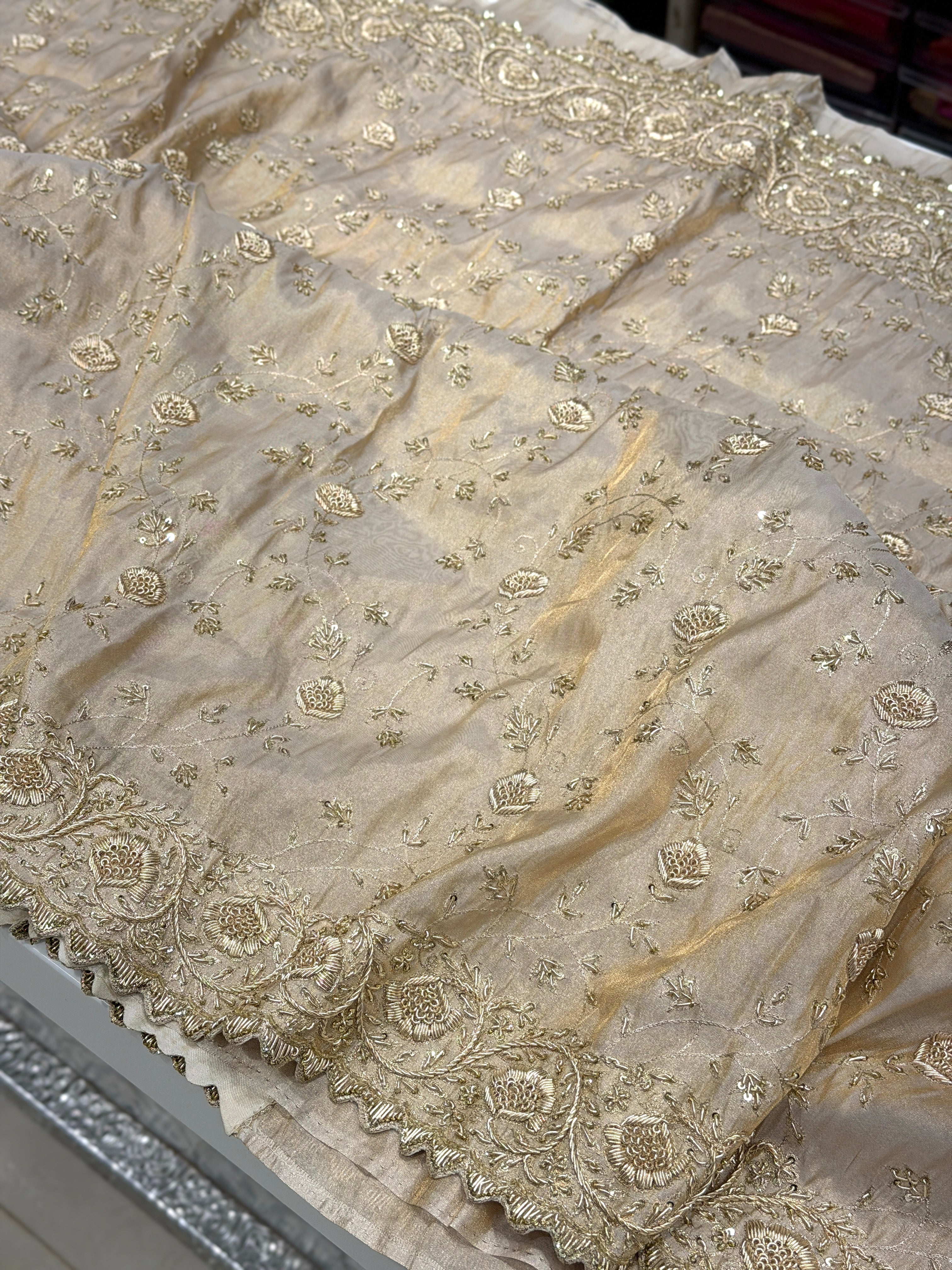 Ivory Tissue Zardosi Floral Jaal Hand Embroidery Saree