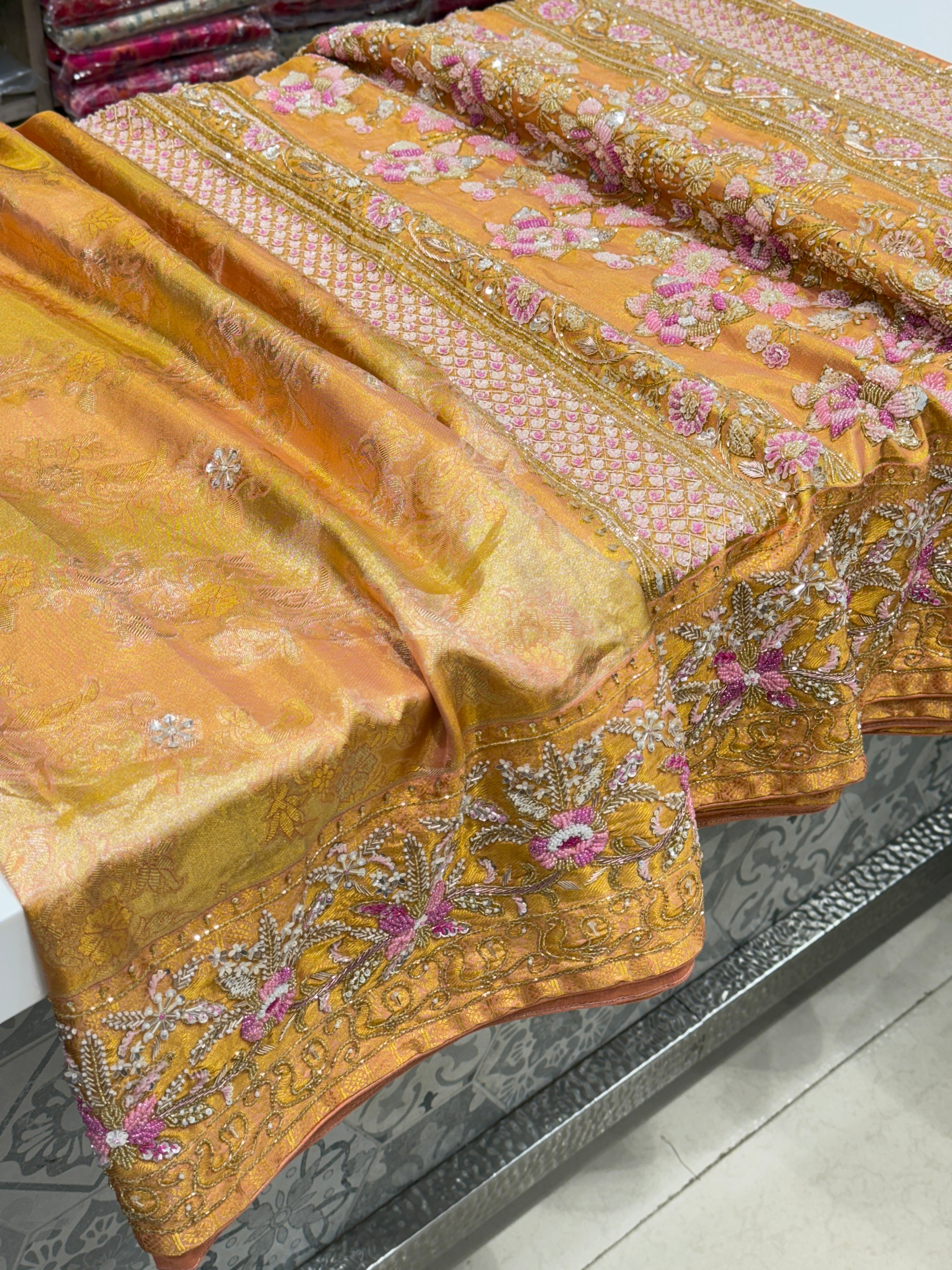 Gold Tissue Kanjivaram Rangkat Hand Embroidery Saree