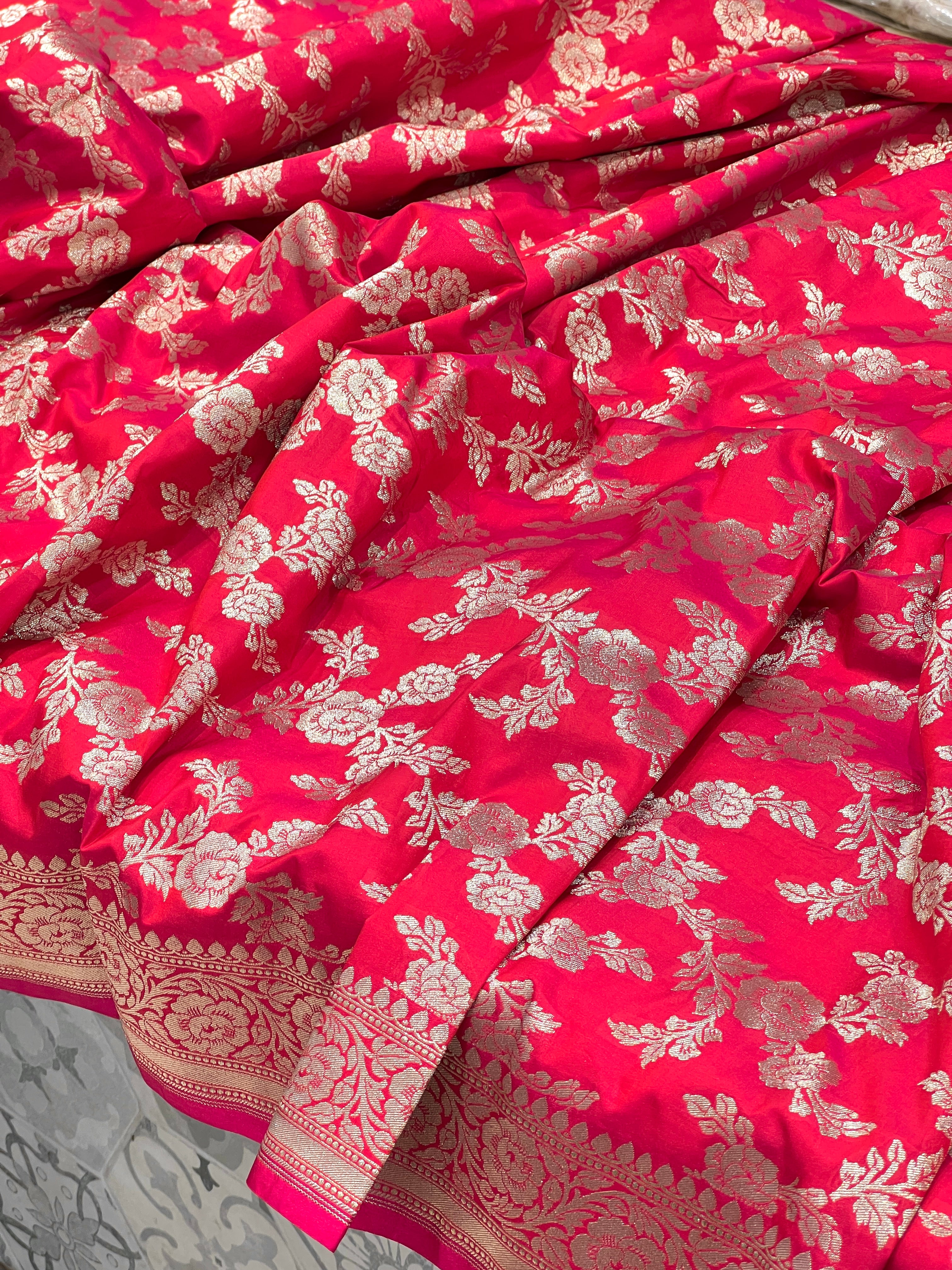 Pink Banarasi Silk Rose Jaal Saree