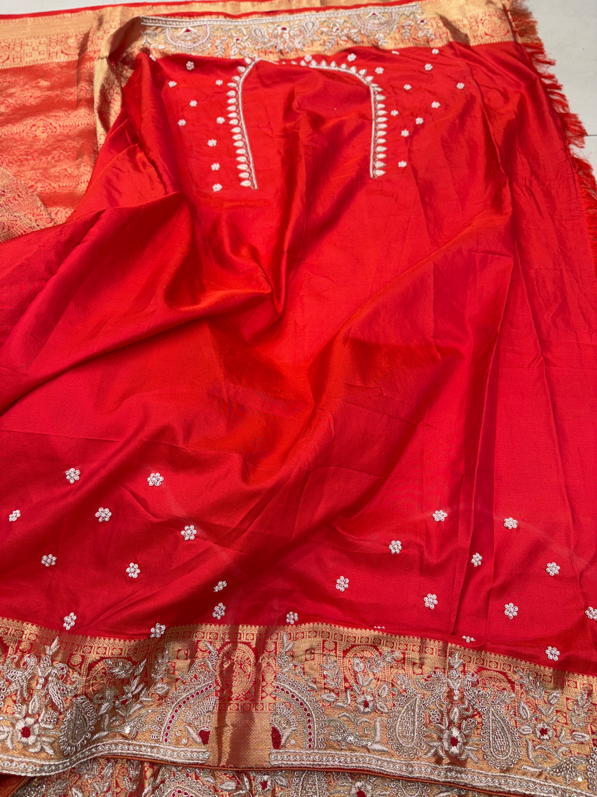 Red Kanjivaram Peacock Motif Hand Embroidery Zardosi Saree