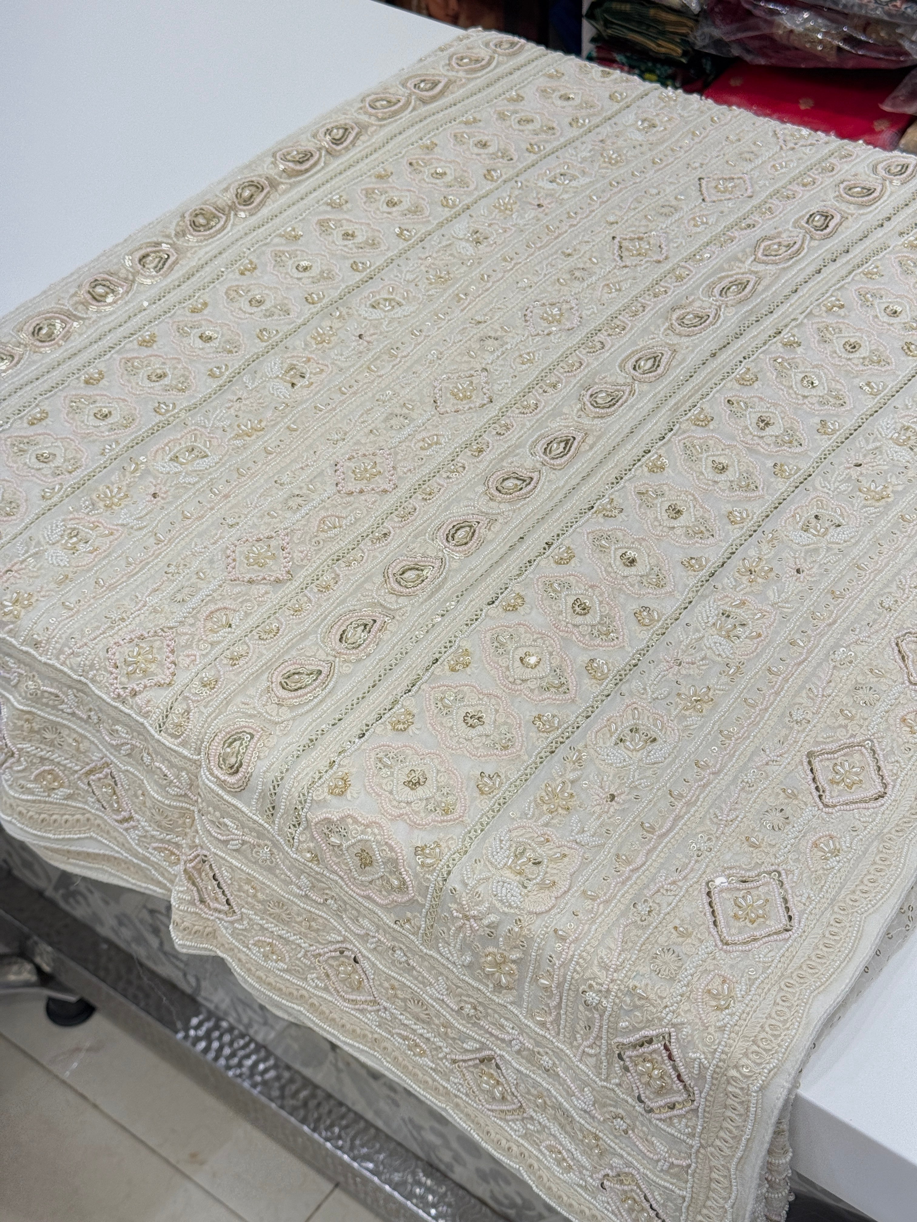 Off White Chikankari Moti Sequin Hand Embroidery Saree