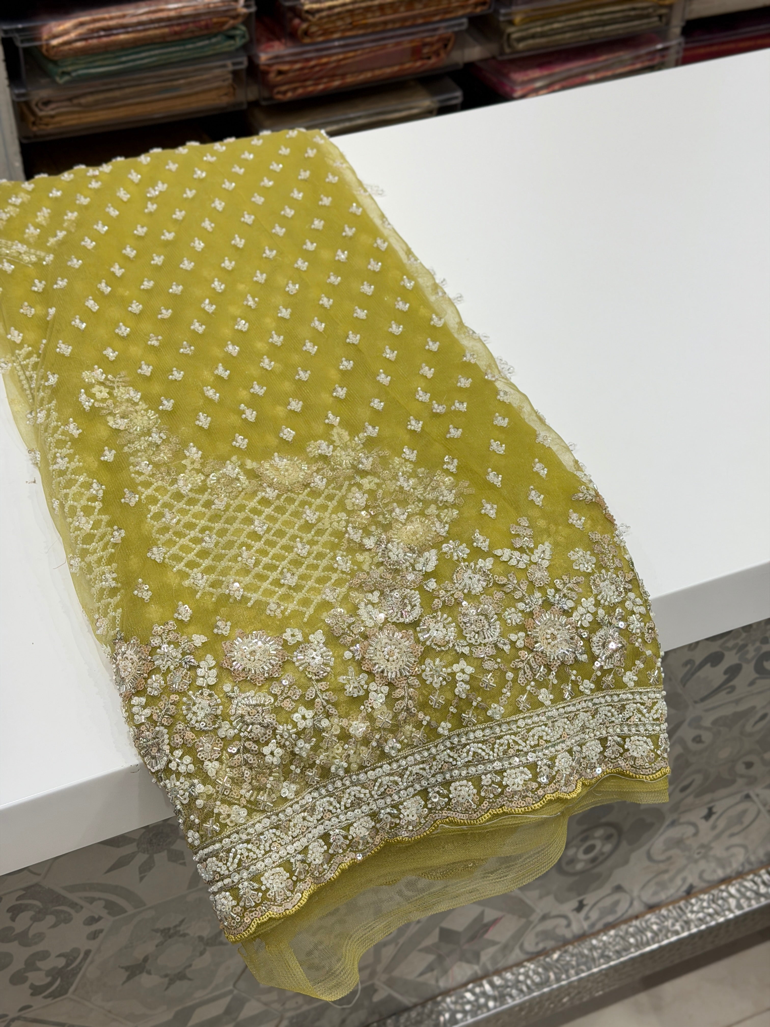 Mint Green Net Moti Sequin Jaal Embroidery Saree with Heavy Blouse