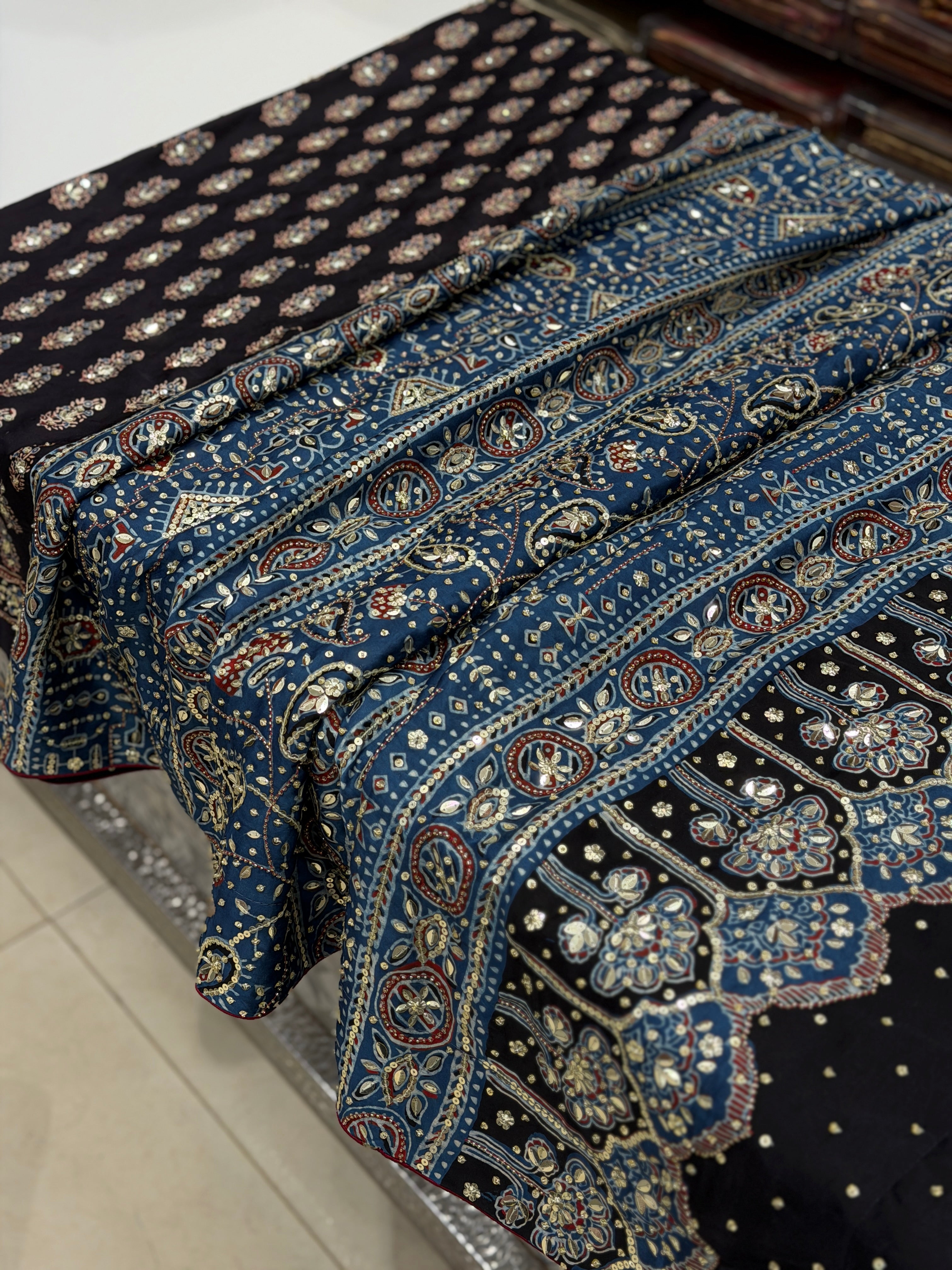 Black Blue Butti Ajrakh Sequin Moti Hand Embroidery Saree