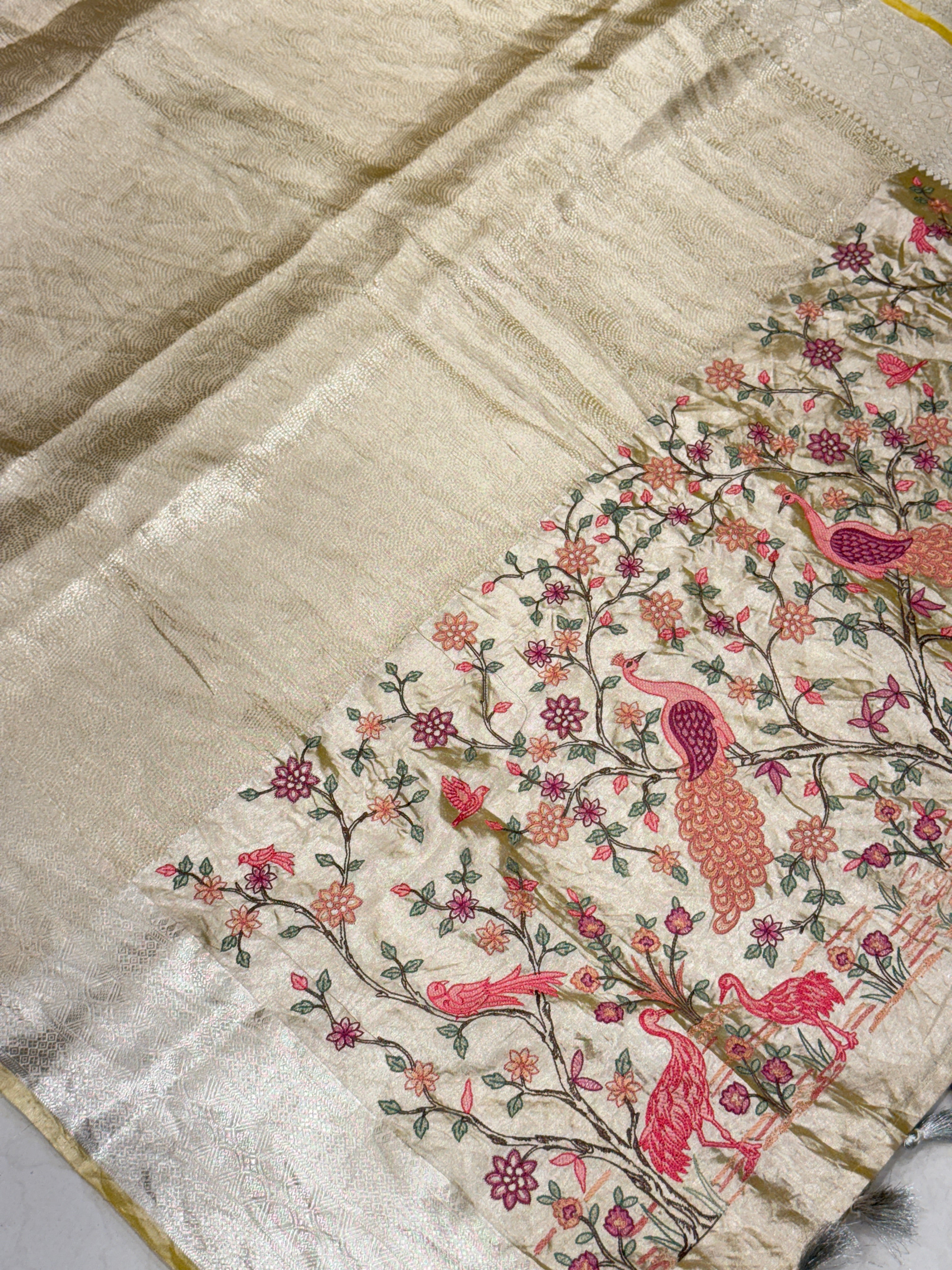 Yellow Handloom Tissue Peacock Contemporary Resham Embroidery Saree