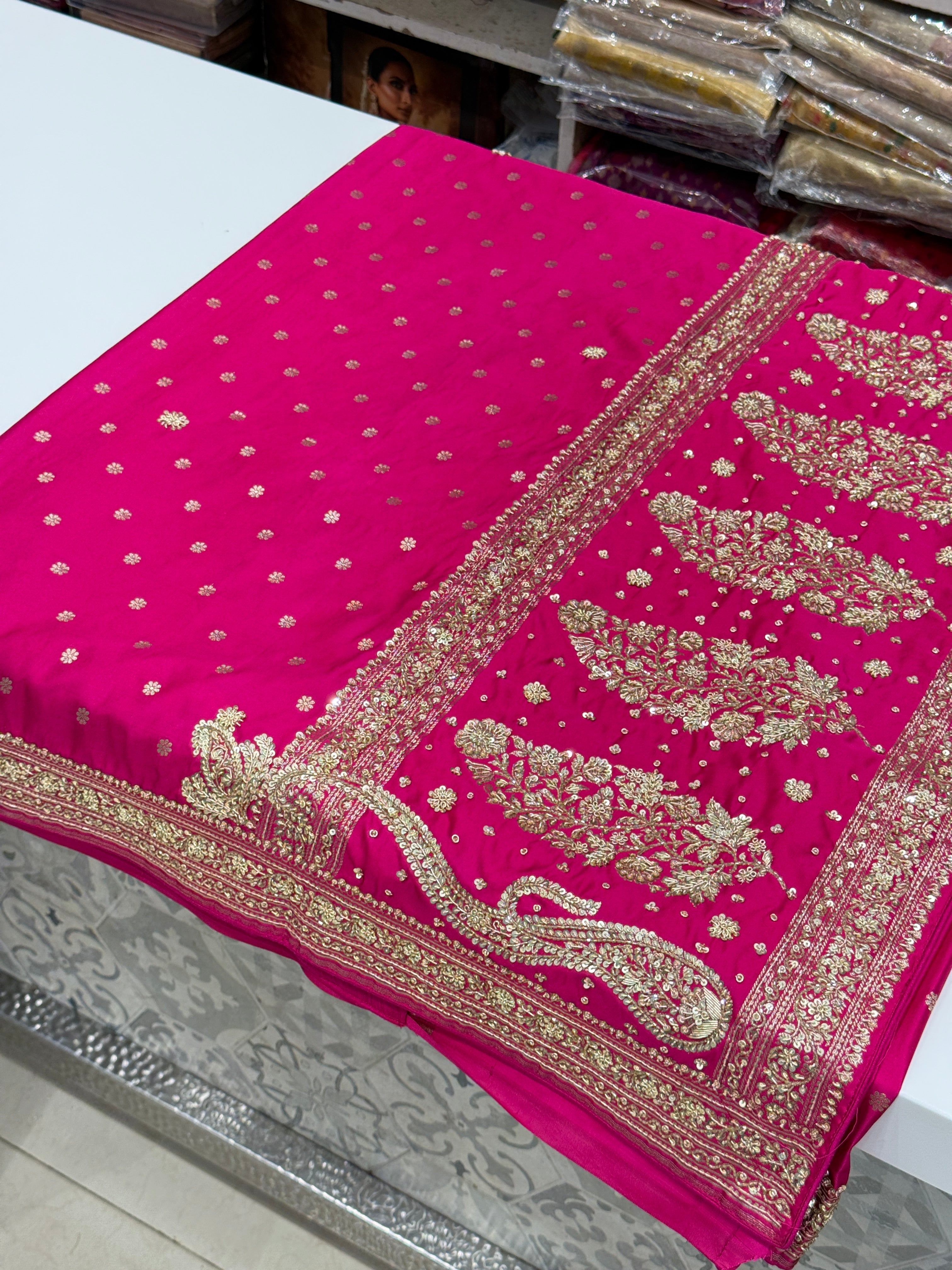 Rani Pink Banarasi Star Butti Hand Done Zardosi Saree