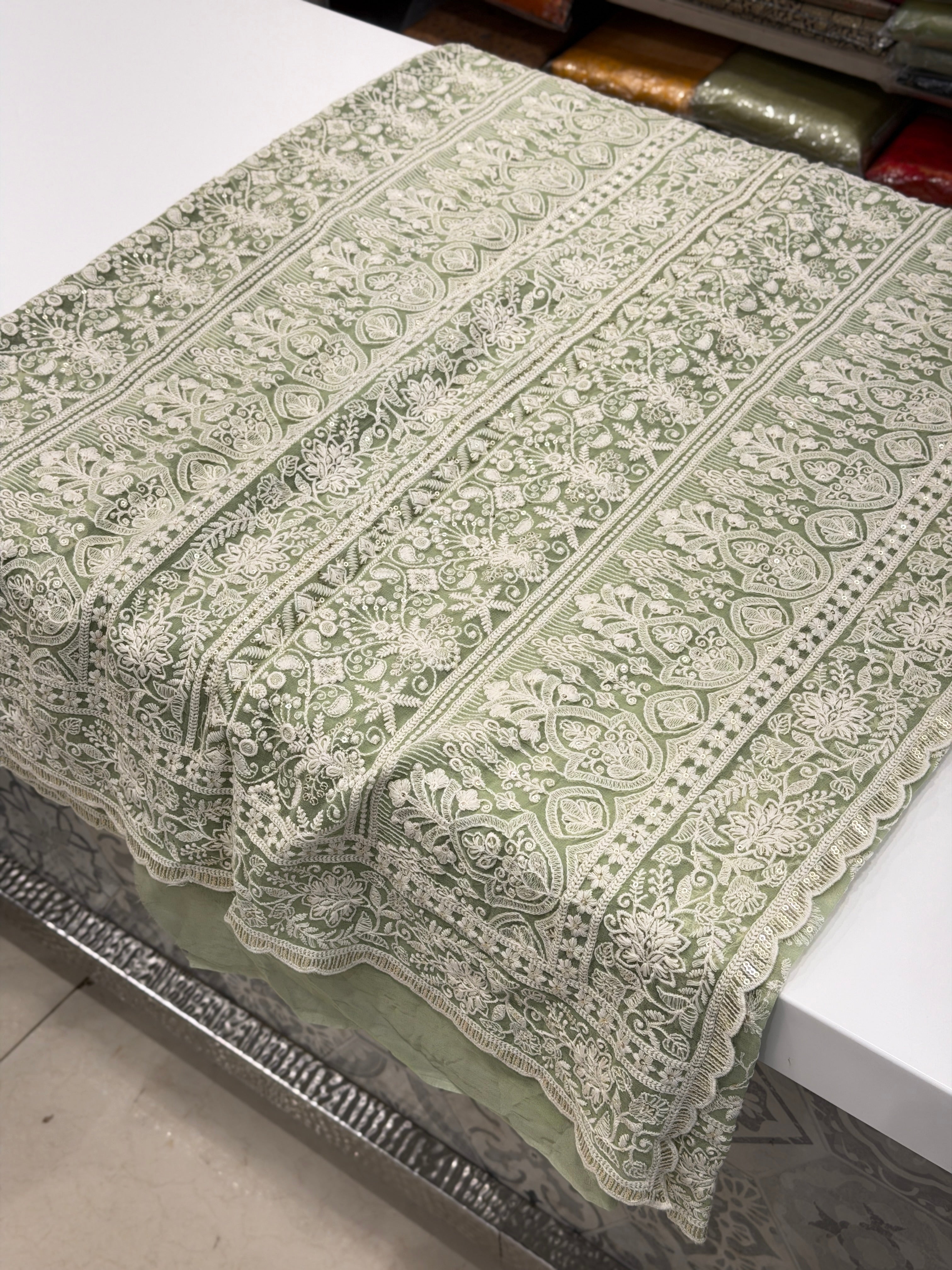 Pista Green Chikankari Georgette Jaal Saree