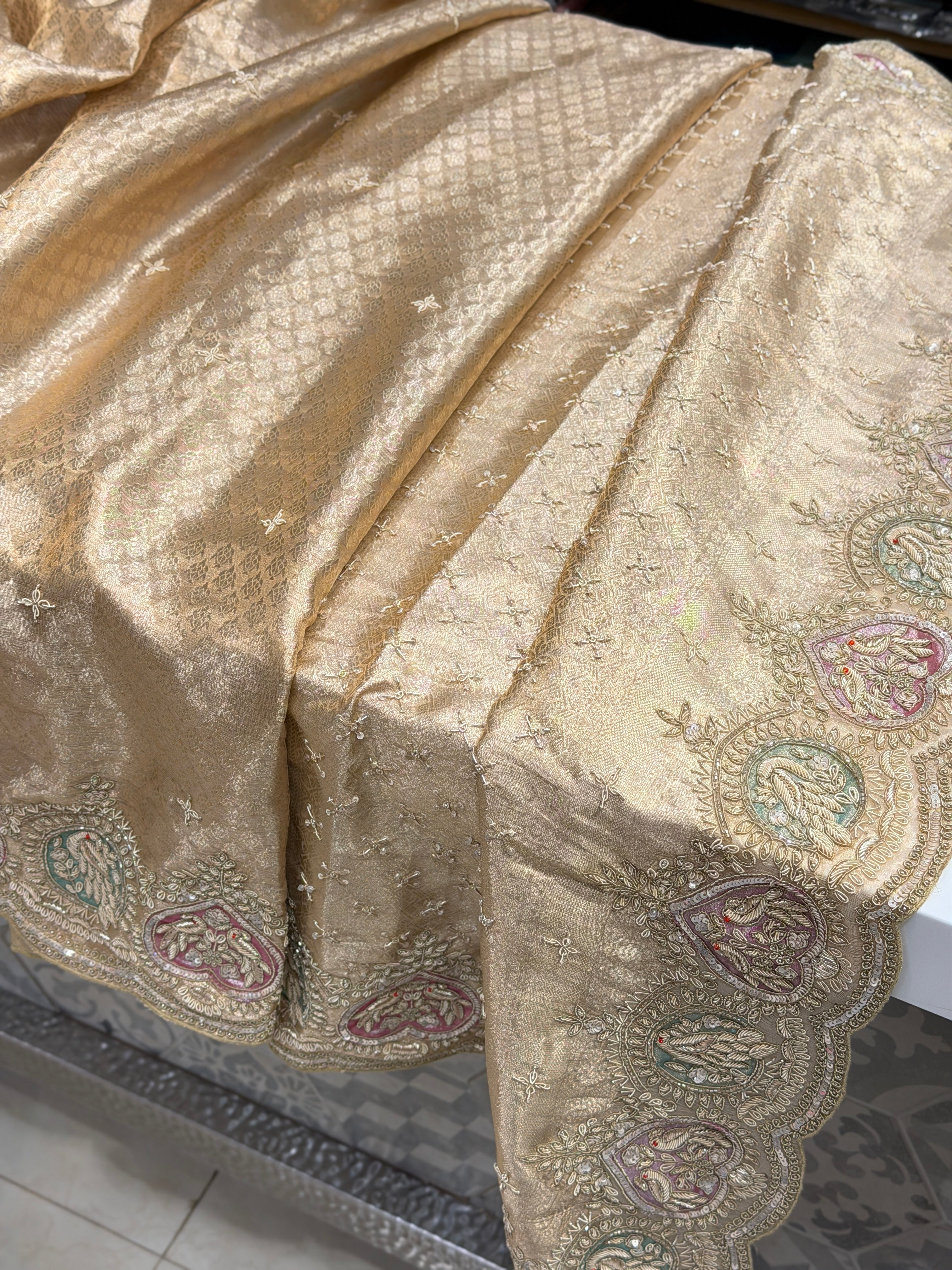 Golden Tissue Kanjivaram Zardosi Patch Work Hand Embroidery Saree