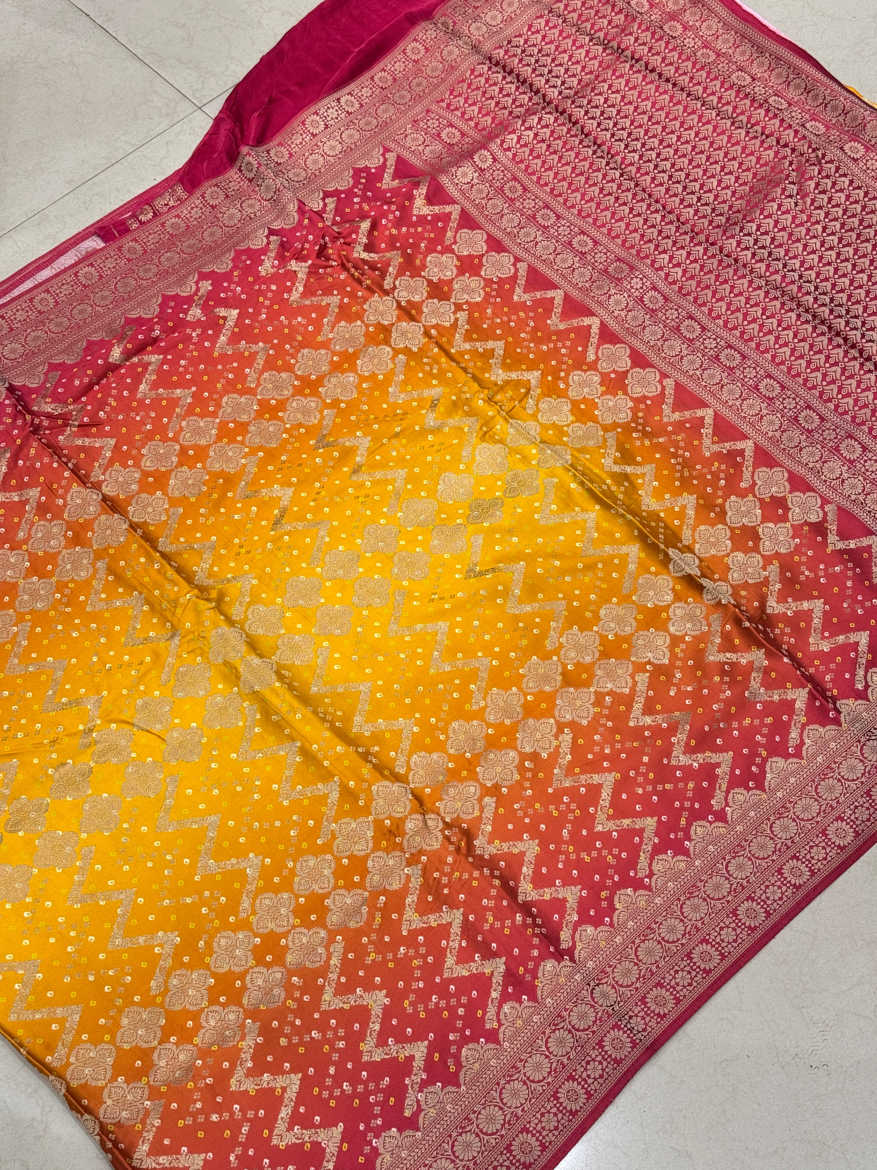 Shaded Yellow Orange Bandhej Style Modal Satin Saree