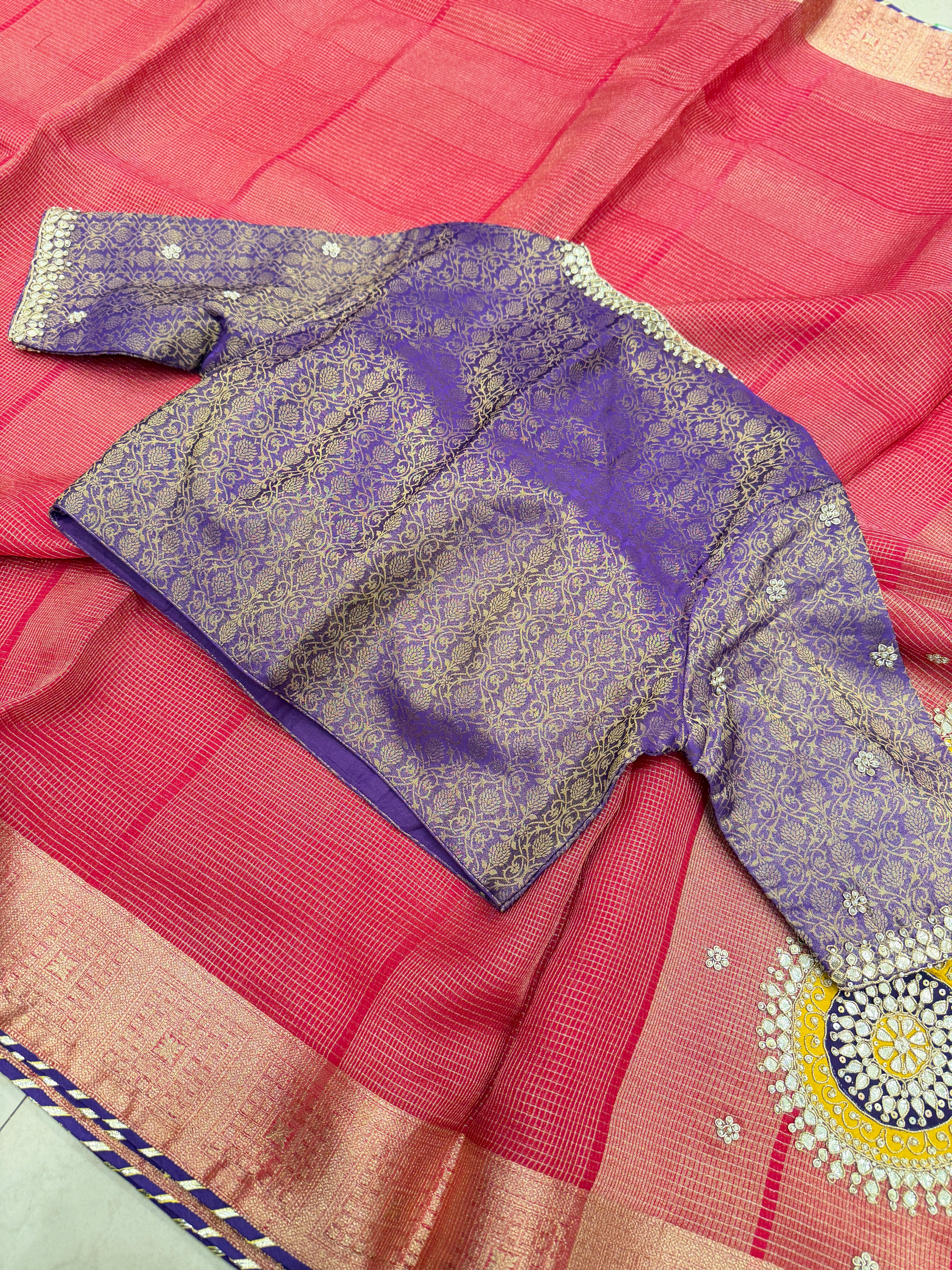 Pink Contemporary Tissue Saree With Gotapatti Patch Ready Blouse