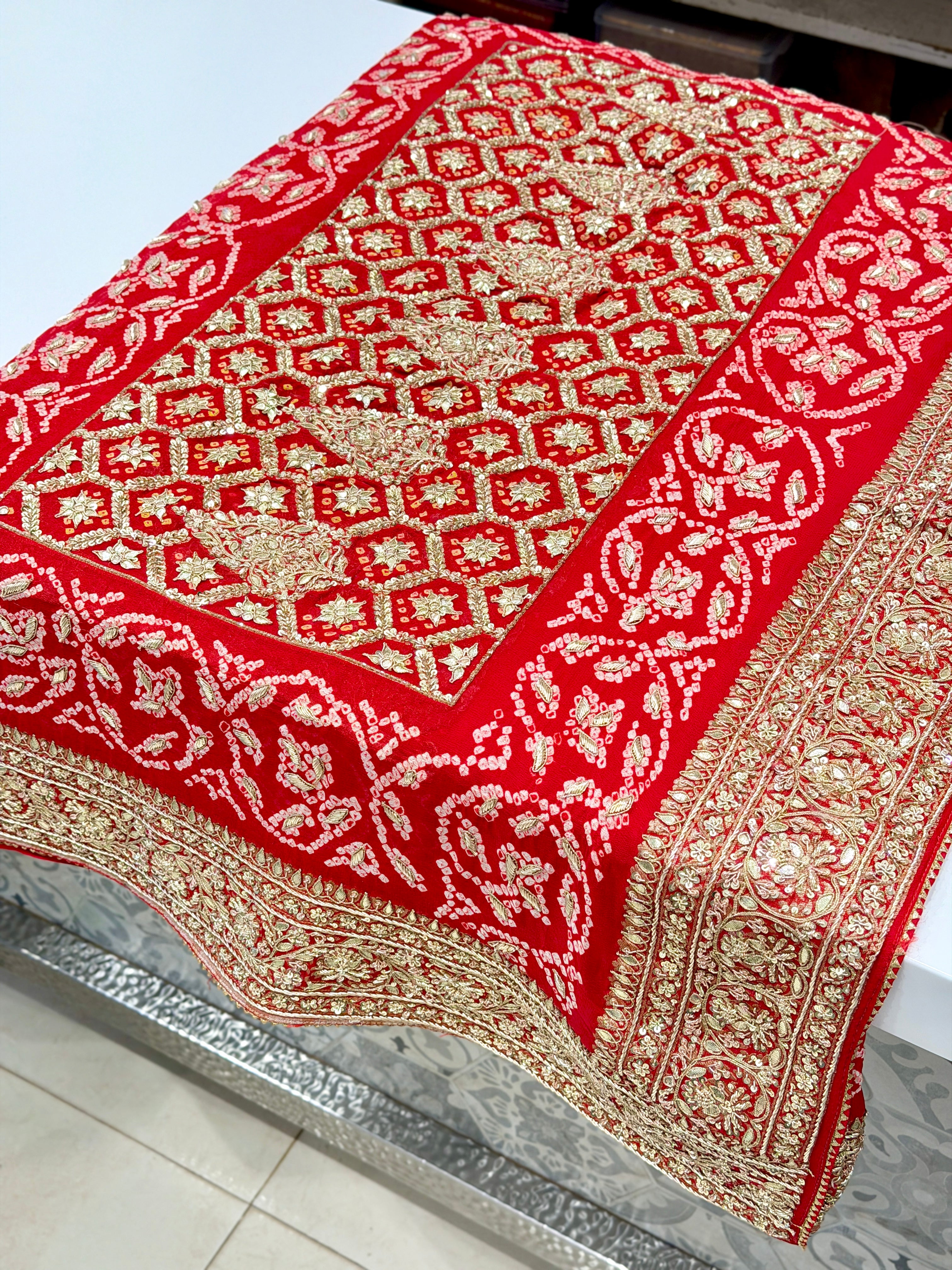 Red Bandhej Georgette Marodi Zardosi Gota Hand Embroidery Saree