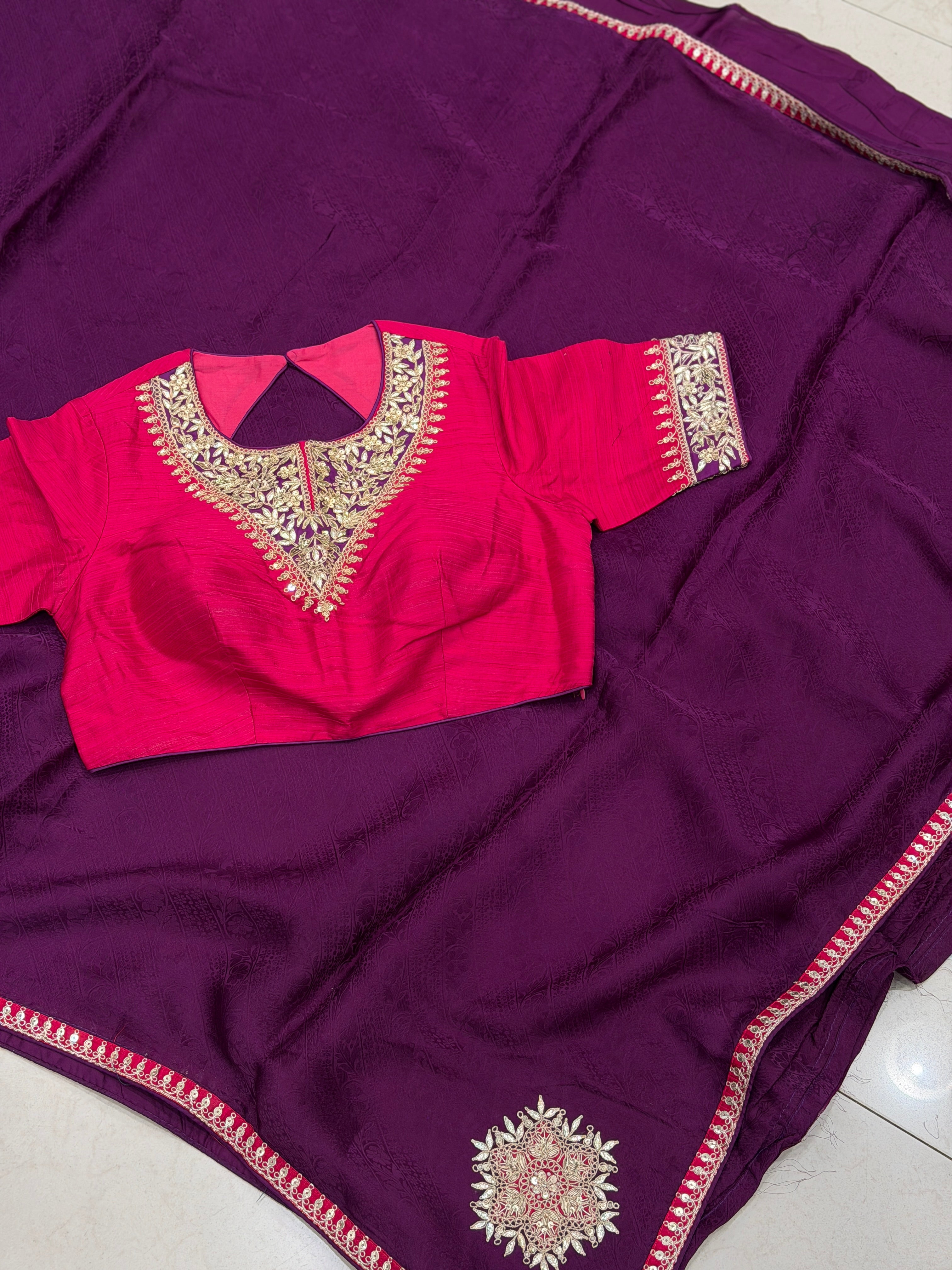 Violet Jaquard Crepe Saree with Gotapatti Marodi Stitched Blouse