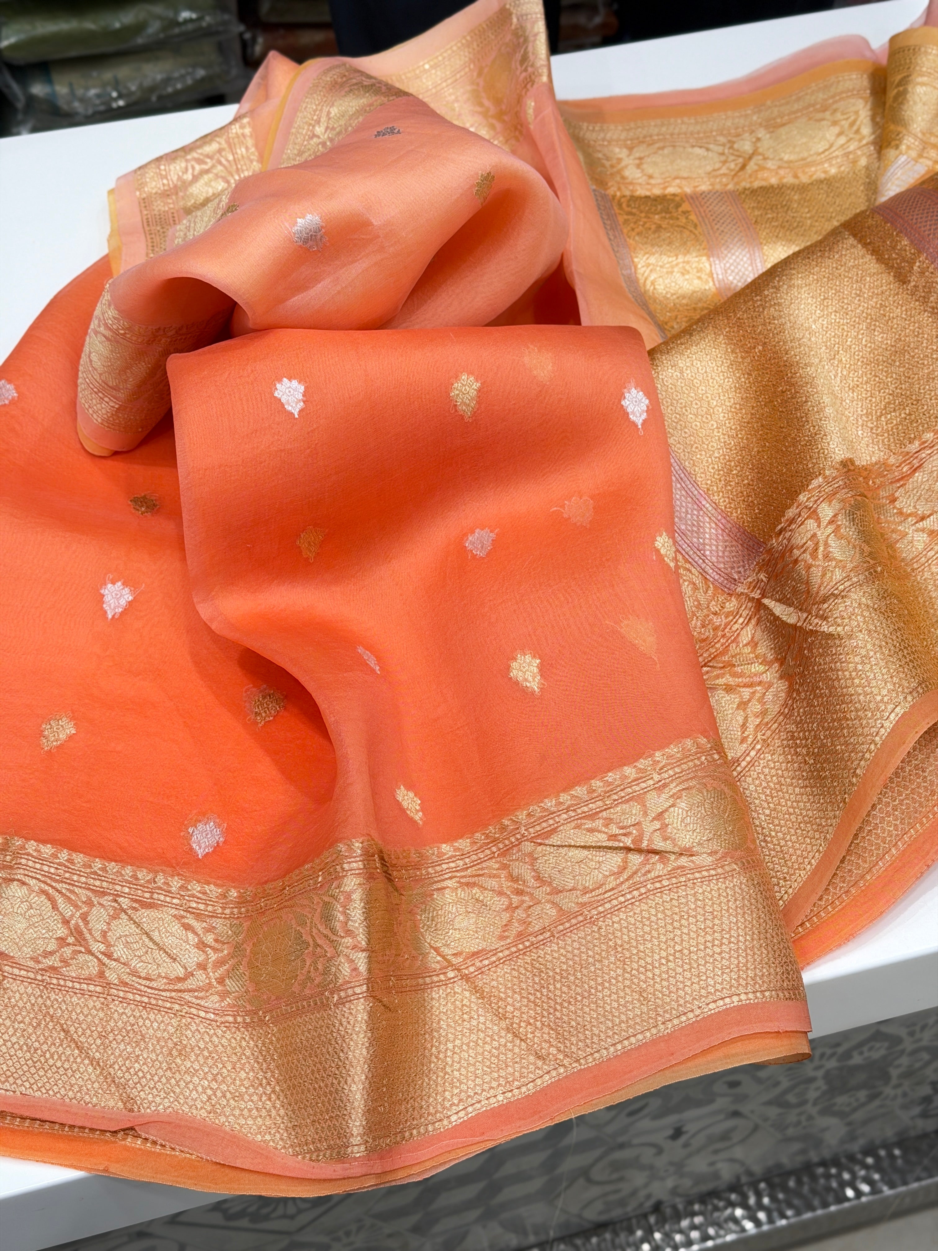 Orange Shaded Buttis Banarasi Handloom Kora Saree