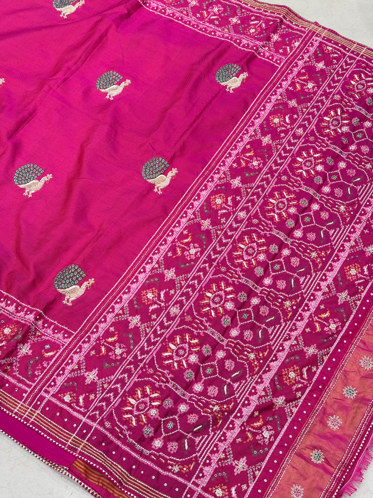 Rani Pink Peacock Motif Patan Patola Hand Embroidery Zardosi Saree