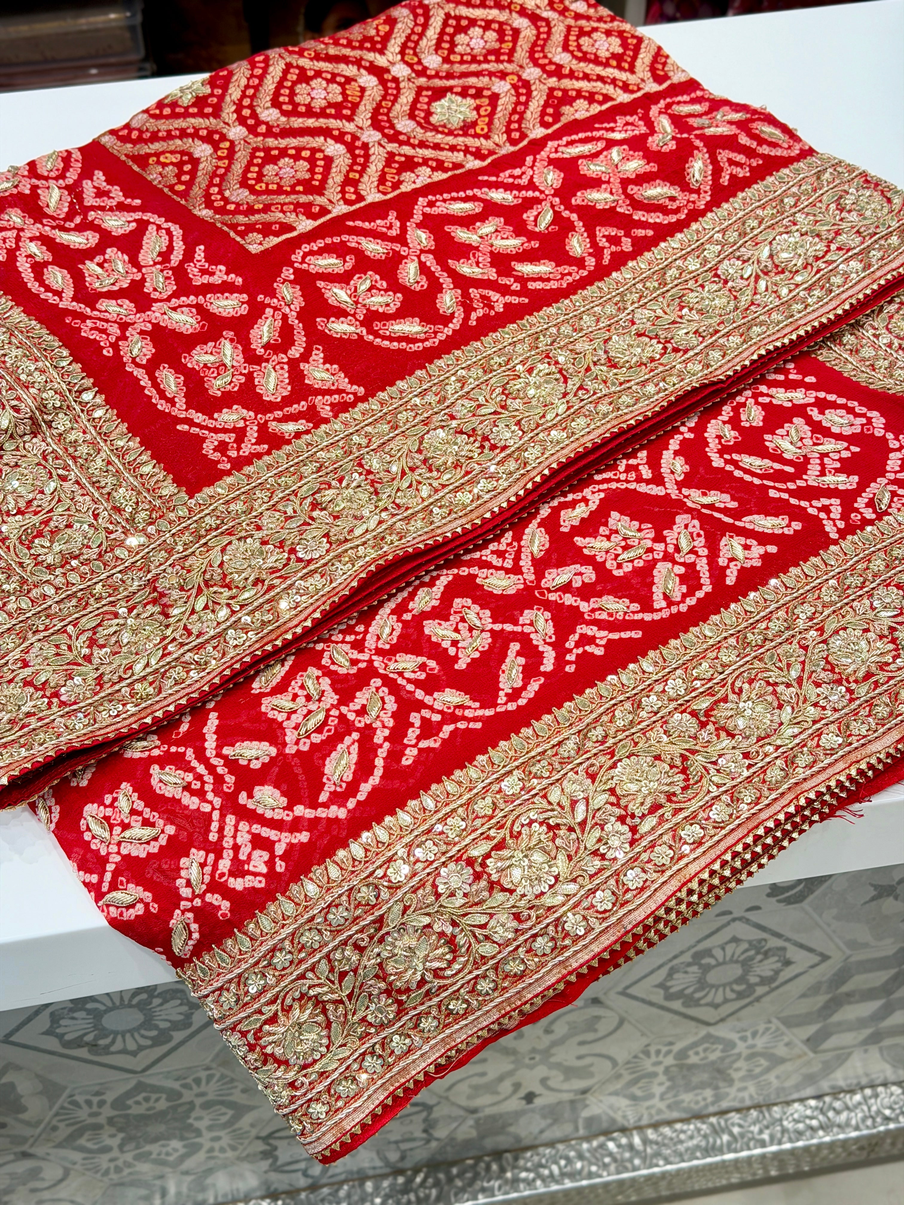 Red Bandhej Georgette Marodi Zardosi Gota Hand Embroidery Saree